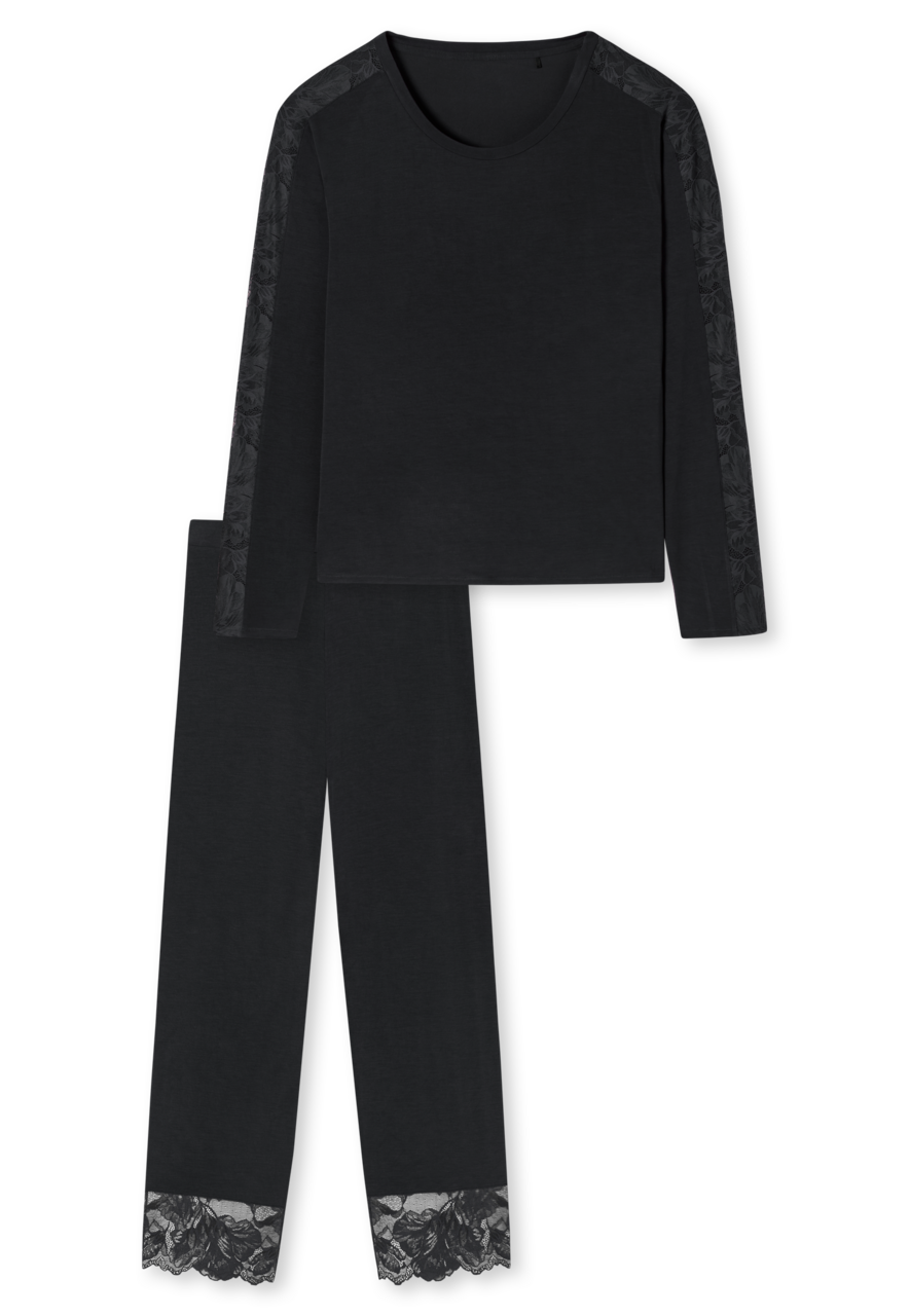 SCHIESSER Sensual Premium pyjamaset, dames pyjama lang 7/8 broek modal kant zwart