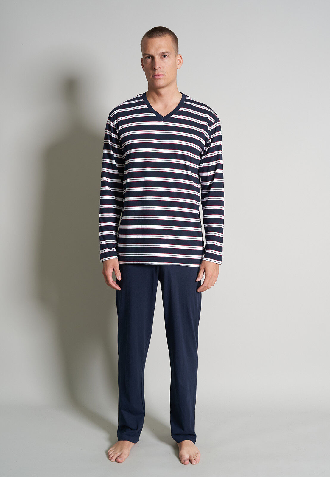 Ceceba heren pyjama V-hals, middenblauw gestreept