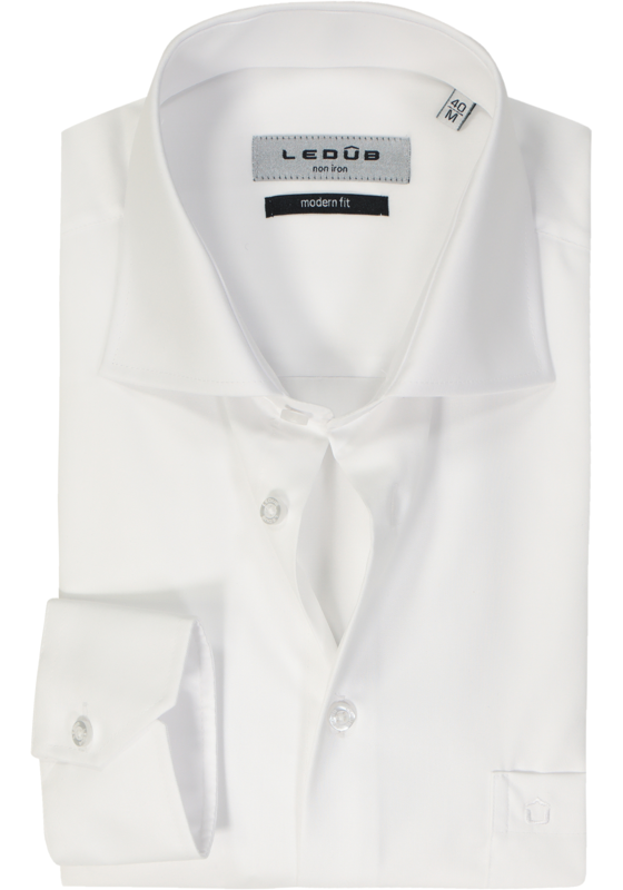 Ledub modern fit overhemd, mouwlengte 7, wit twill  Ledub modern fit overhemd, mouwlengte 7, wit twill