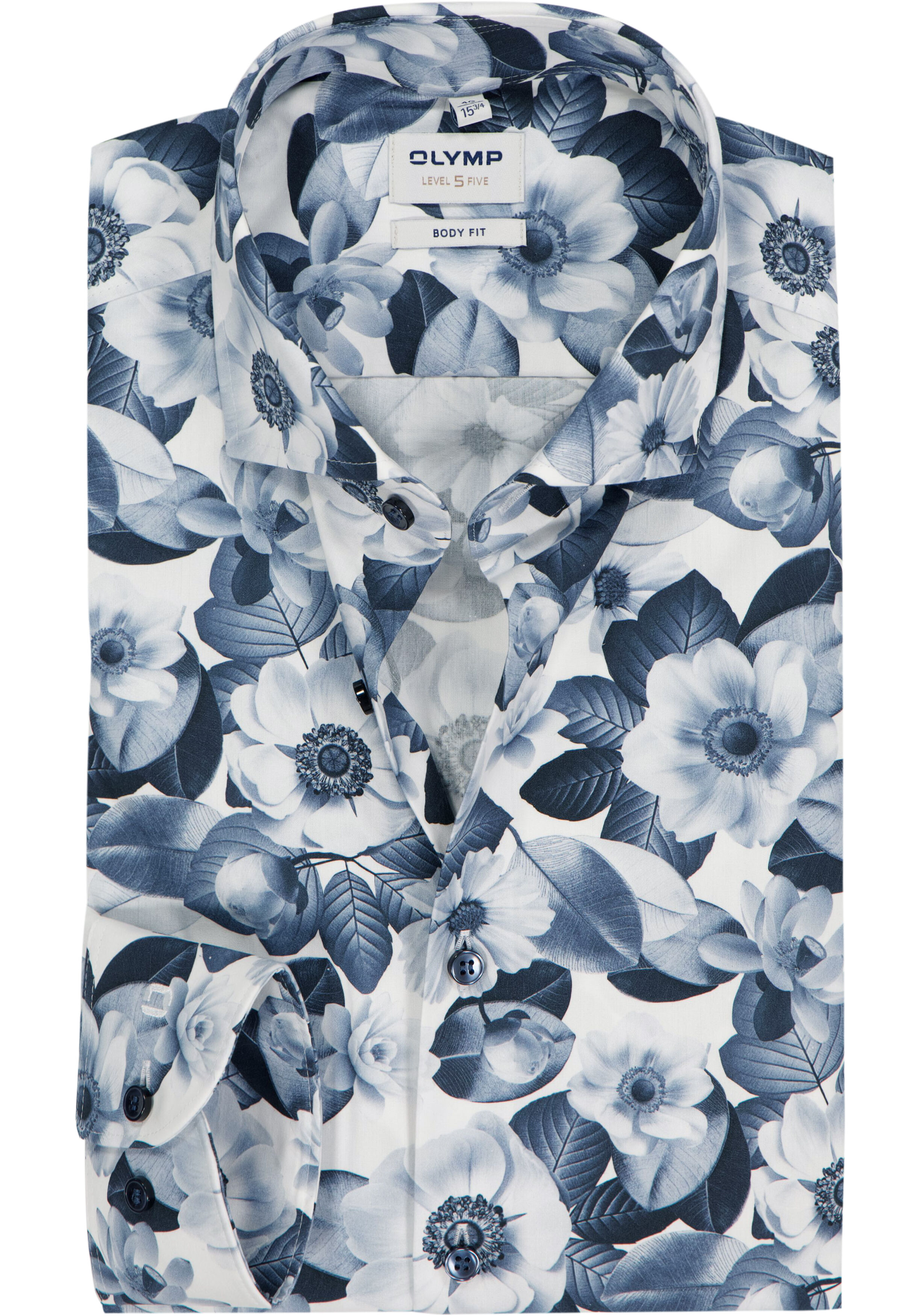 OLYMP Level 5 body fit overhemd, popeline, wit met blauw bloemen dessin