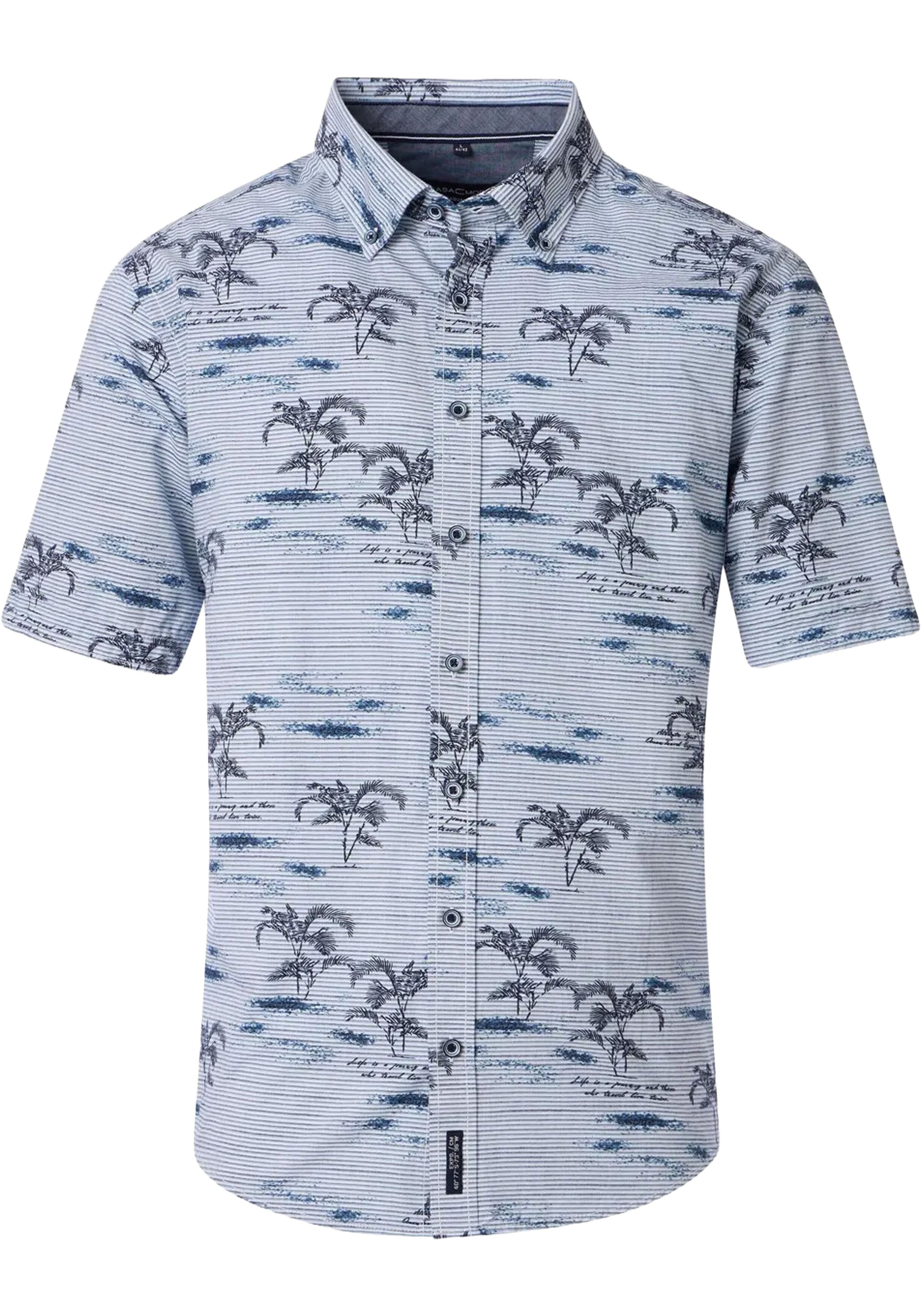 CASA MODA Sport casual fit overhemd, korte mouw, chambray, blauw en wit gestreept met palmbomen dessin