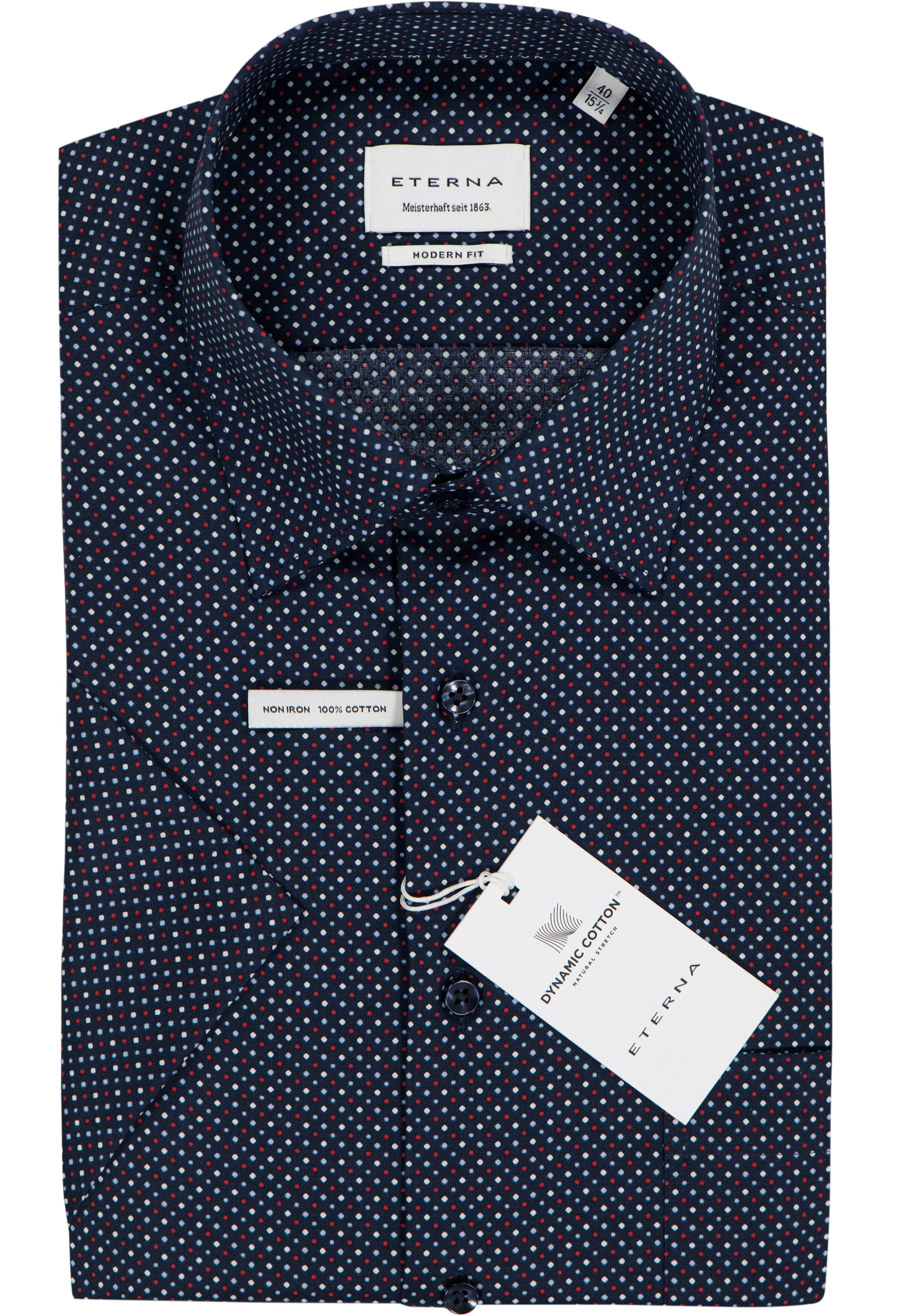 ETERNA modern fit overhemd korte mouw, popeline, donkerblauw met wit, rood en lichtblauw dessin