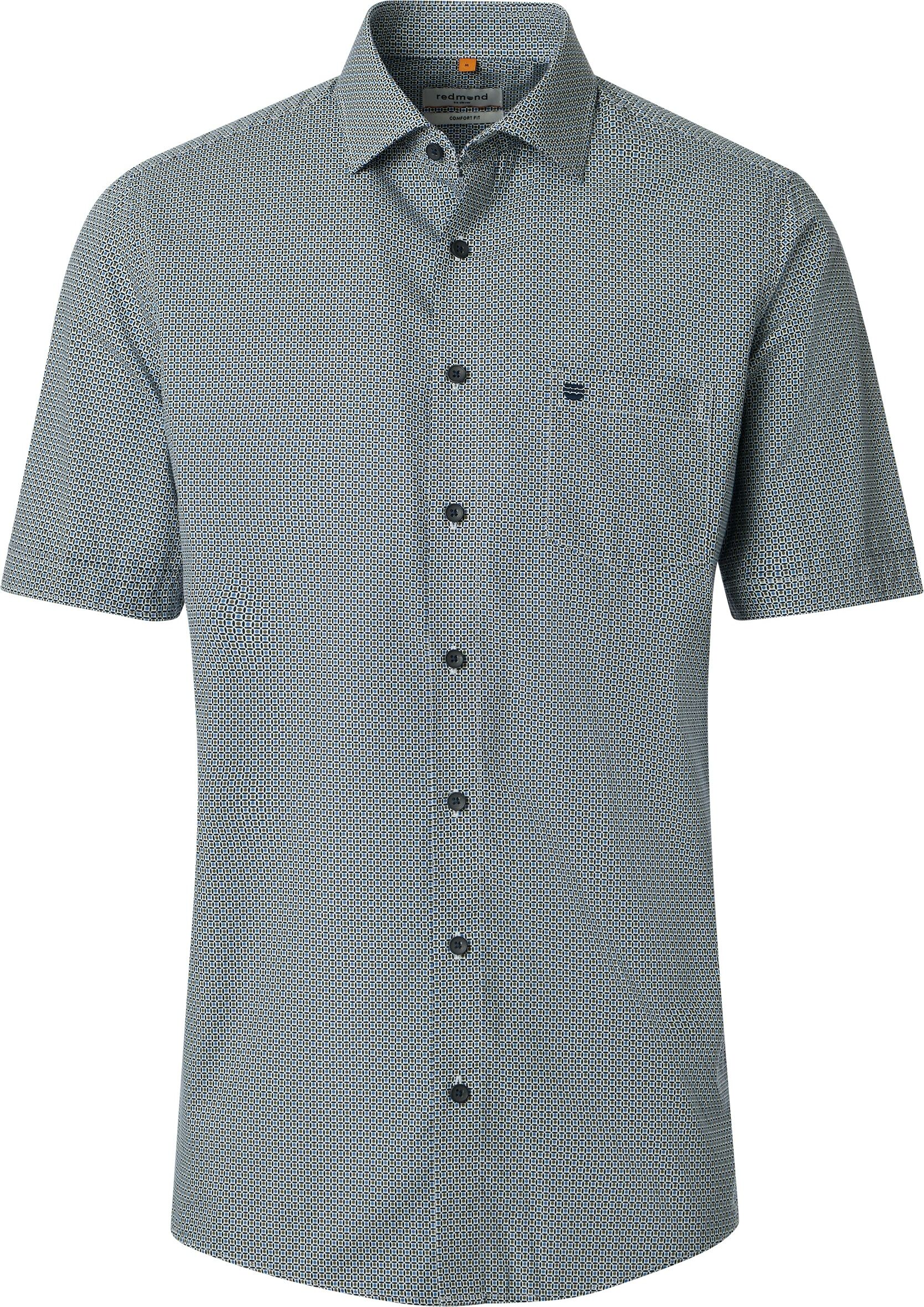Redmond comfort fit overhemd, korte mouw, popeline, blauw, wit, bruin dessin