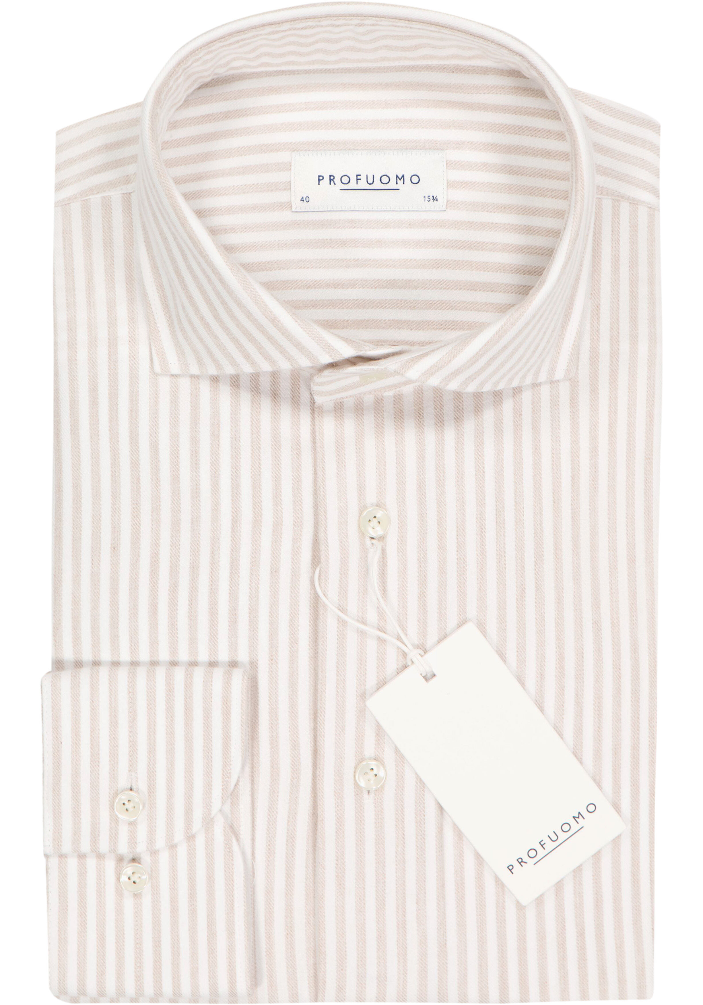 Profuomo slim fit heren overhemd, flanel, beige gestreept