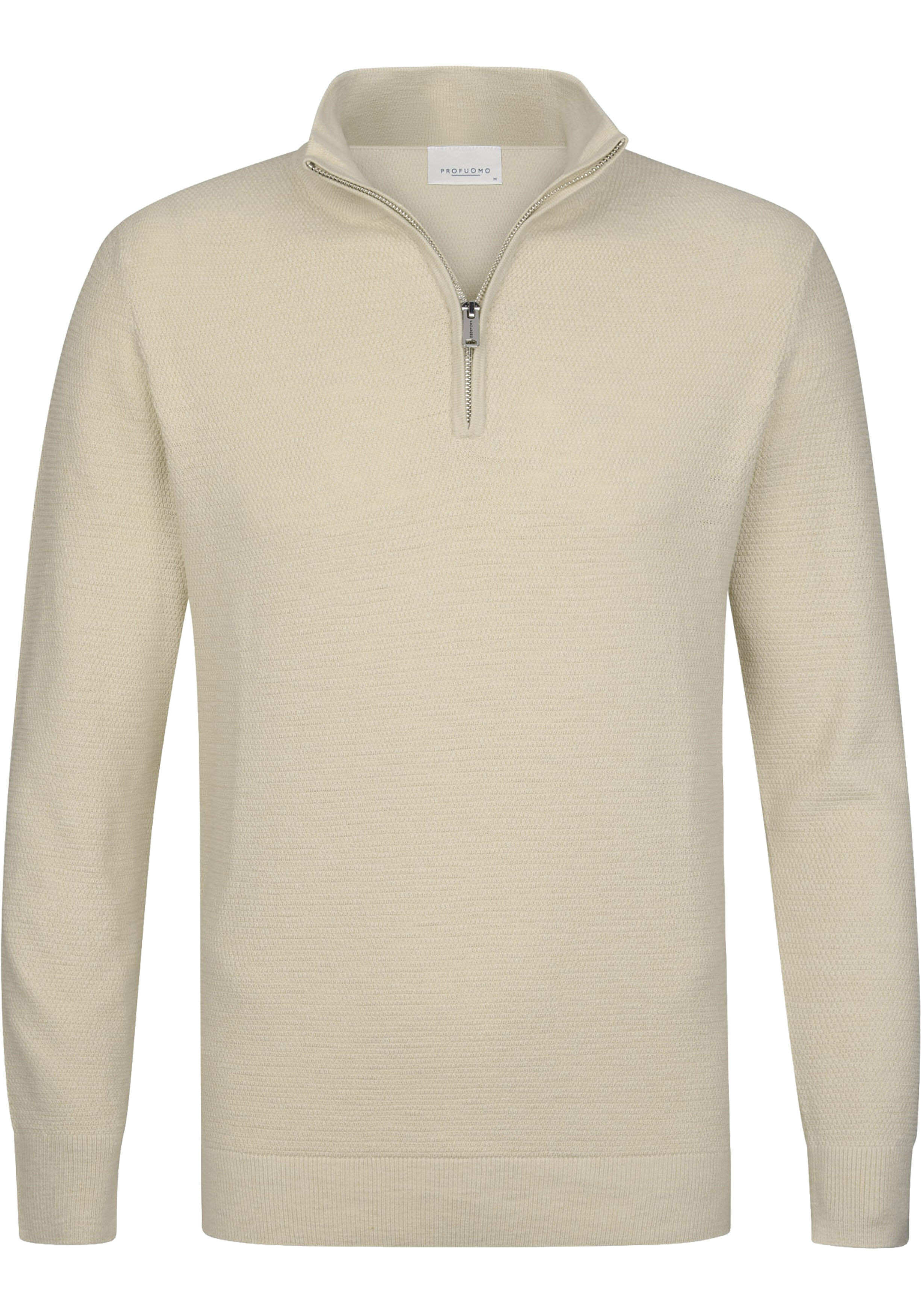 Profuomo heren trui katoen, slim fit trui met korte rits, off white