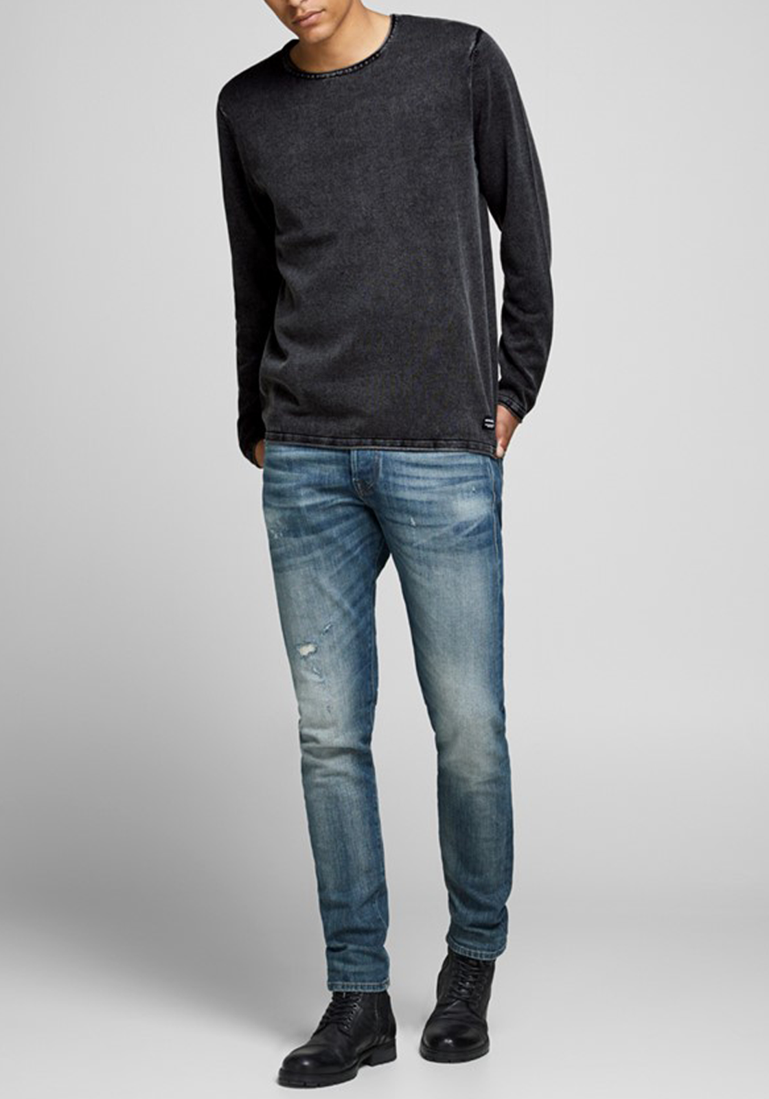 6-5714909533884-jackjones-trui_HR JACK & JONES slim fit trui katoen, O-hals, verwassen zwart