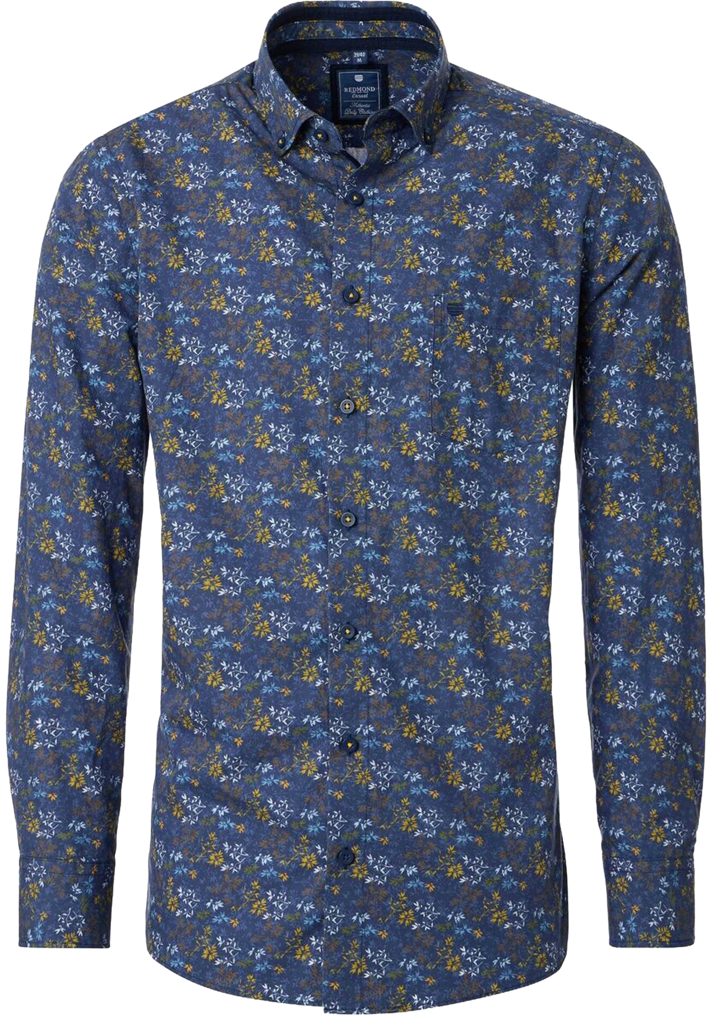Redmond modern fit overhemd, popeline, donkerblauw met geel en bruin dessin