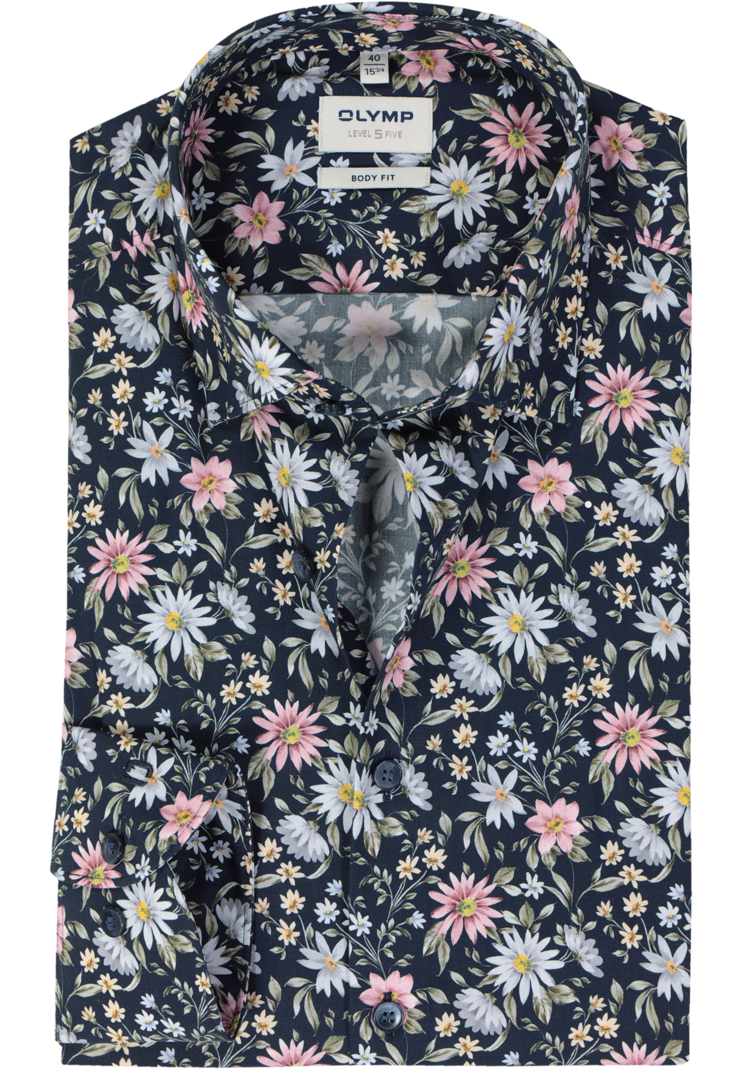 OLYMP Level 5 body fit overhemd, mouwlengte 7, popeline, marine blauw dessin