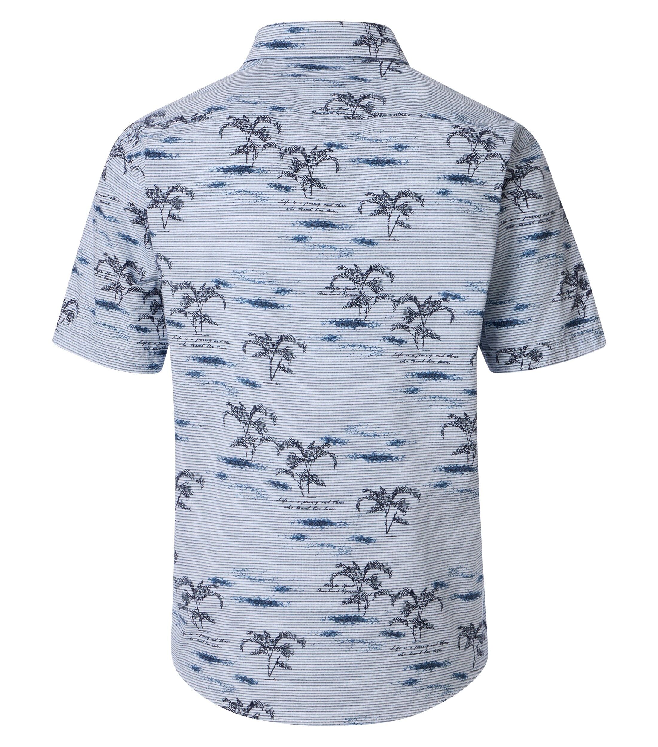 CASA MODA Sport casual fit overhemd, korte mouw, chambray, blauw en wit gestreept met palmbomen dessin