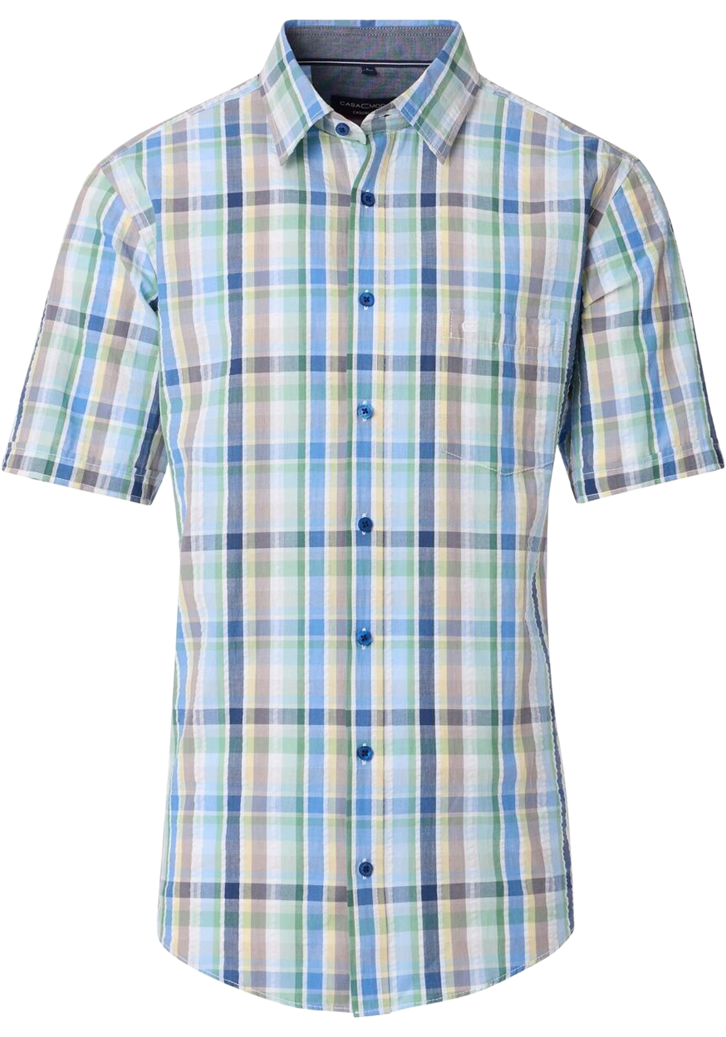 CASA MODA Sport casual fit overhemd, korte mouw, seersucker, beige, groen, blauw en wit geruit