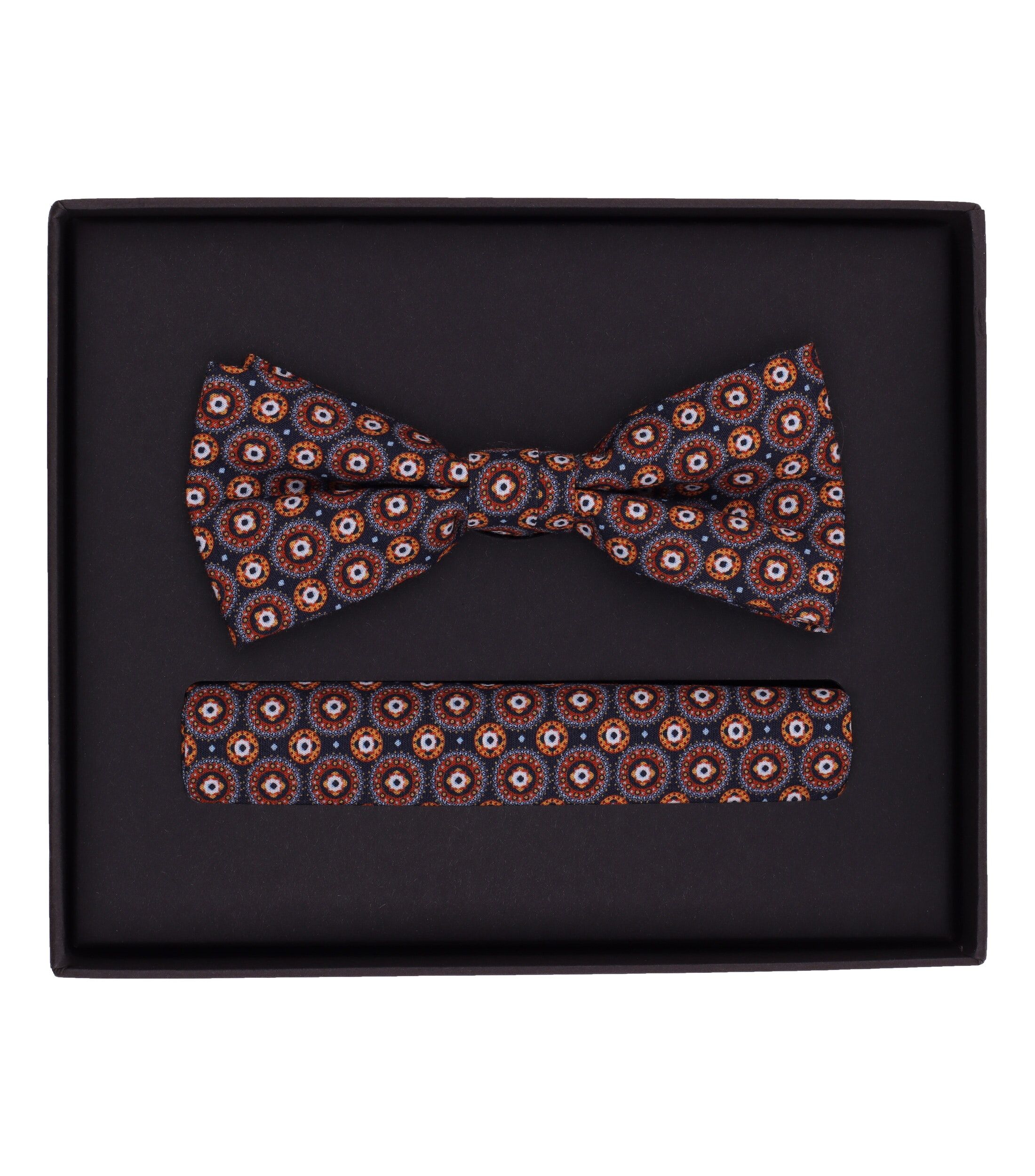 VENTI set met vlinderdas en pochet, oranje met blauw en wit dessin