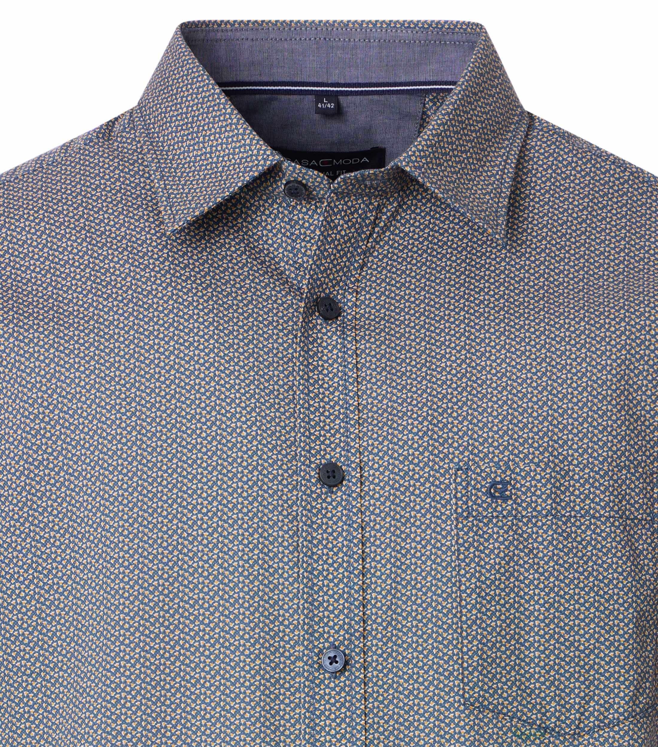 CASA MODA Sport casual fit overhemd, korte mouw, popeline, donkerblauw met oranje en wit dessin