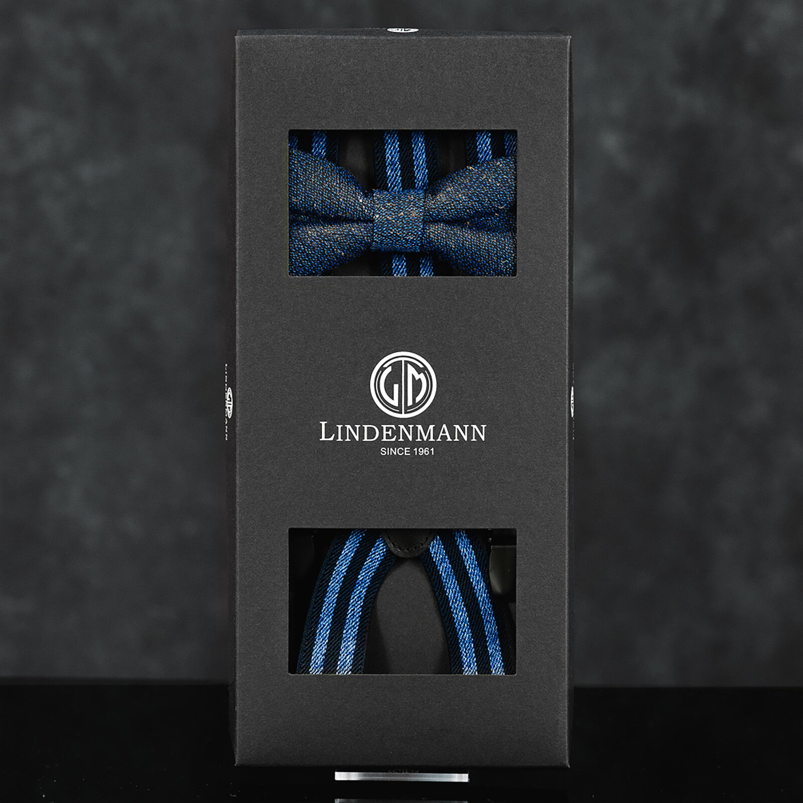 LINDENMANN heren bretels Y-vorm met strikje, blauw gestreept