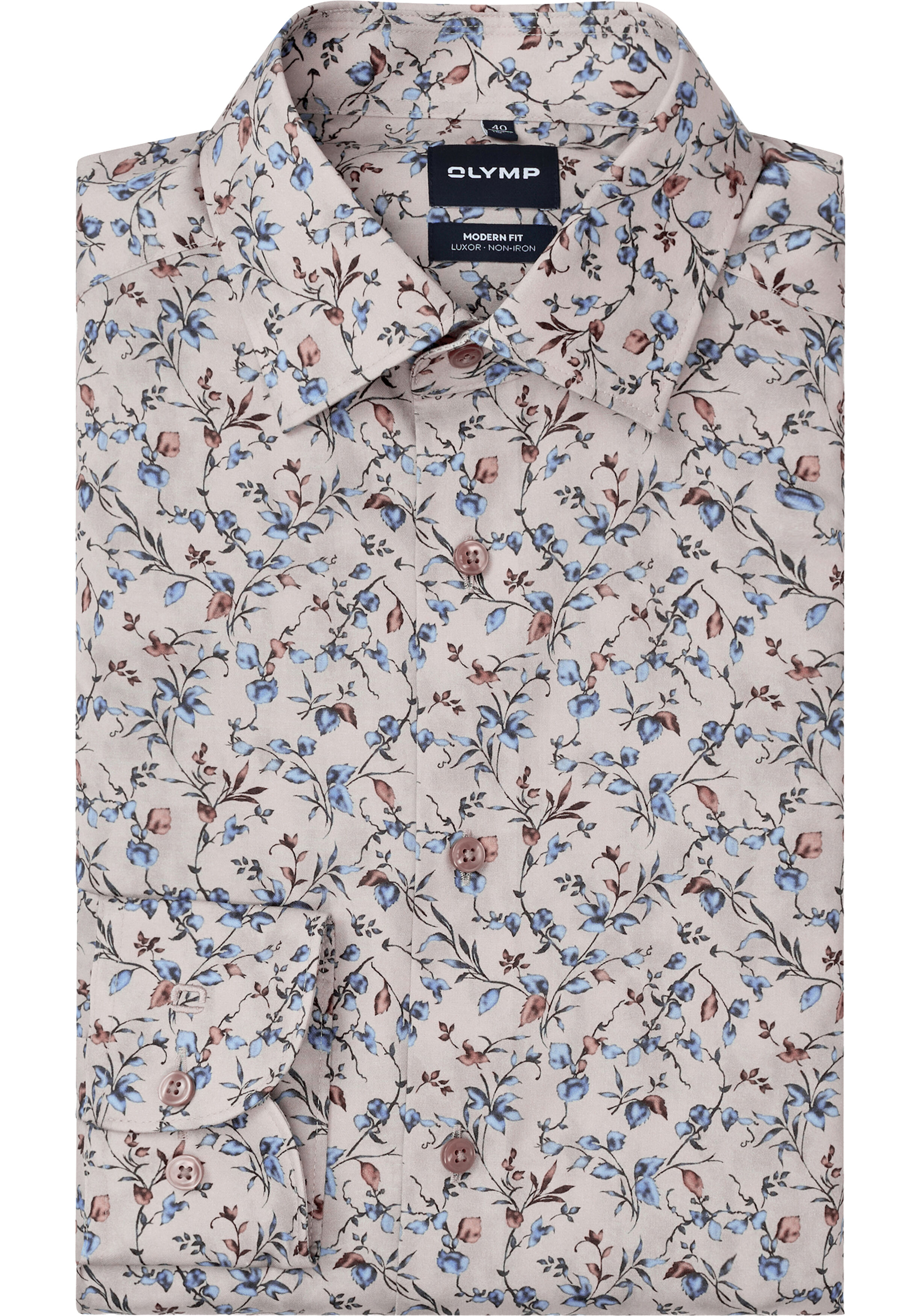 OLYMP Luxor modern fit overhemd, mouwlengte 7, dobby, beige met blauw en groen dessin