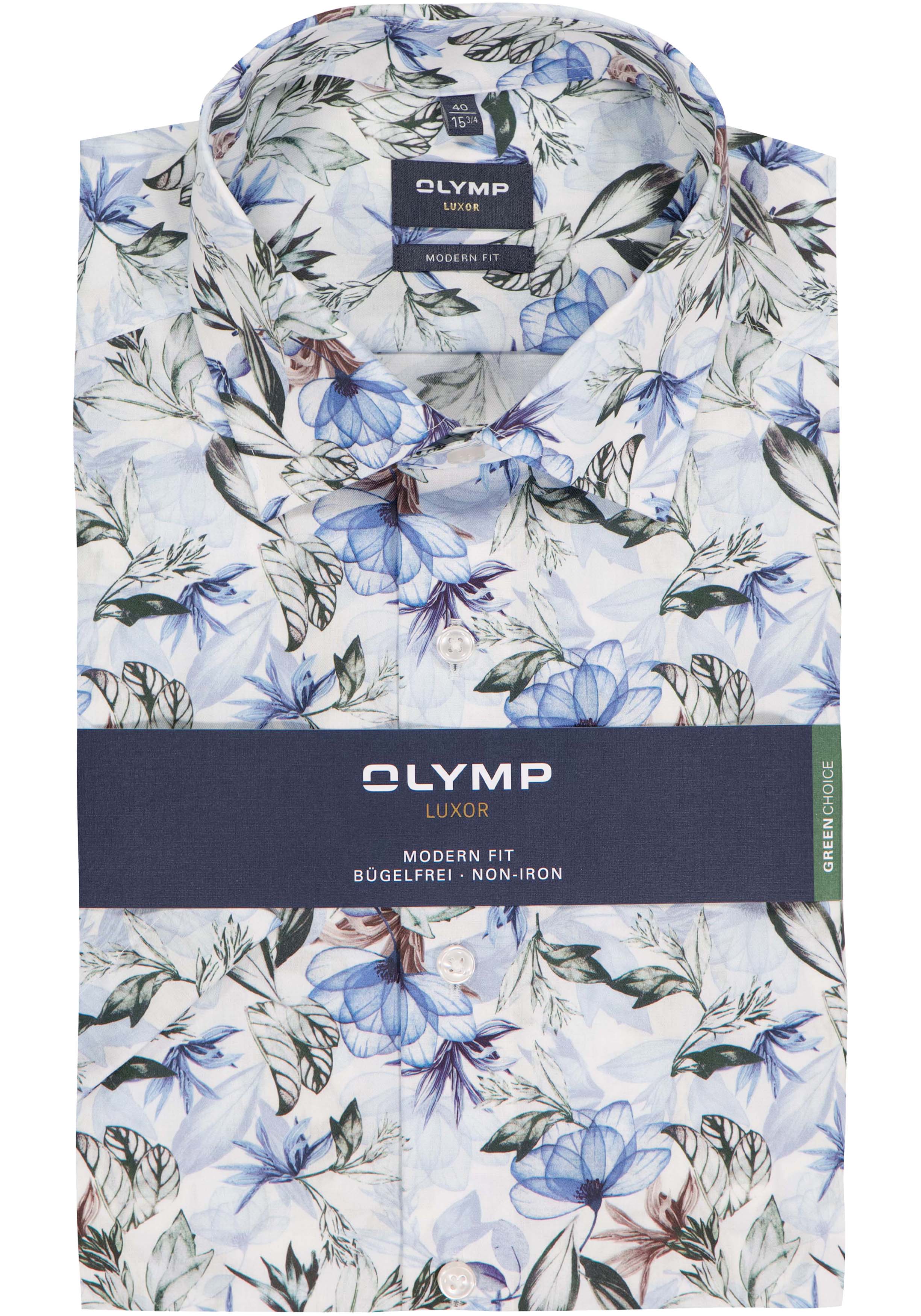 OLYMP Luxor modern fit overhemd, korte mouw, dobby, wit met blauw en groen bloemen dessin