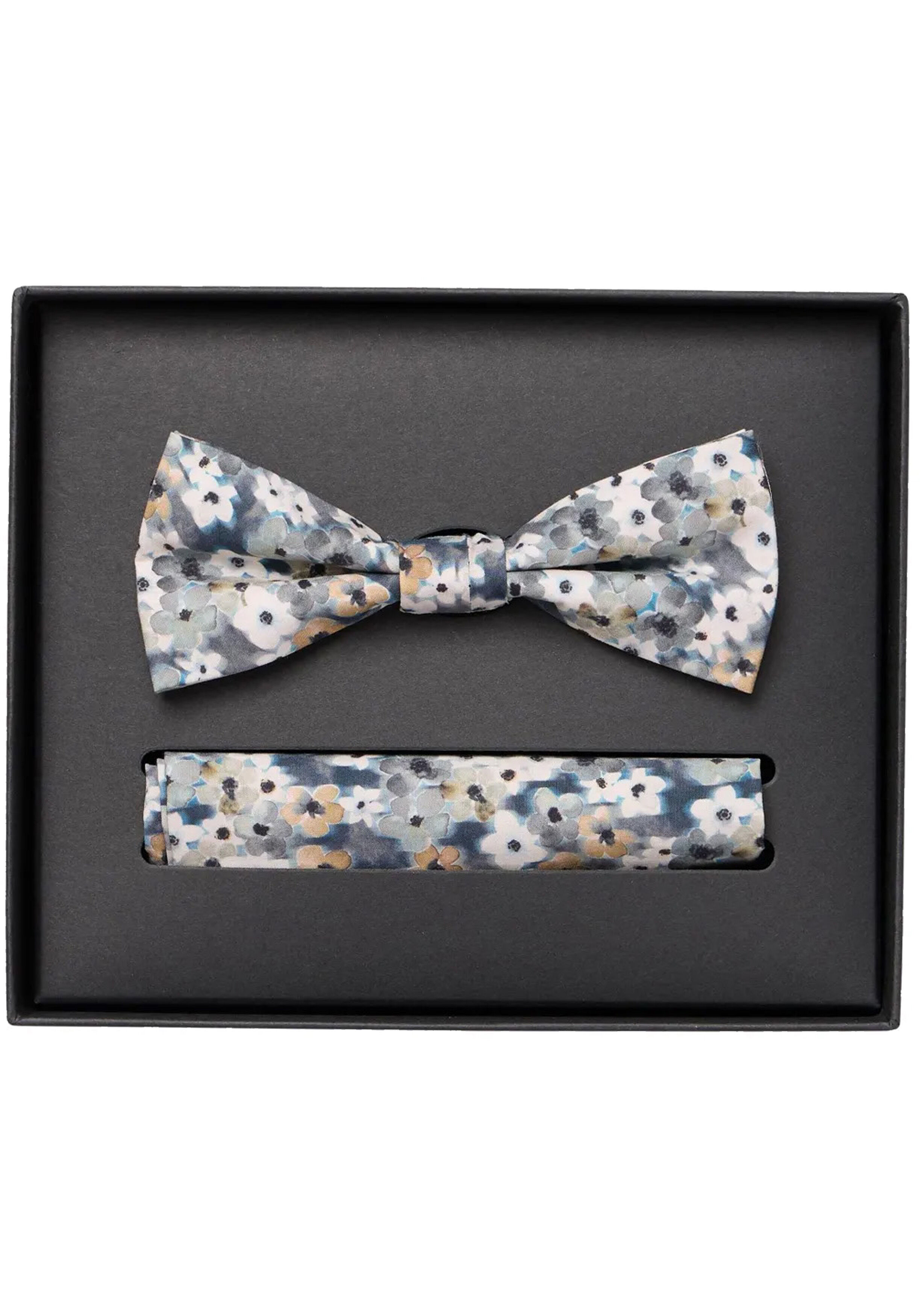 VENTI set met vlinderdas en pochet, blauw met beige en wit dessin