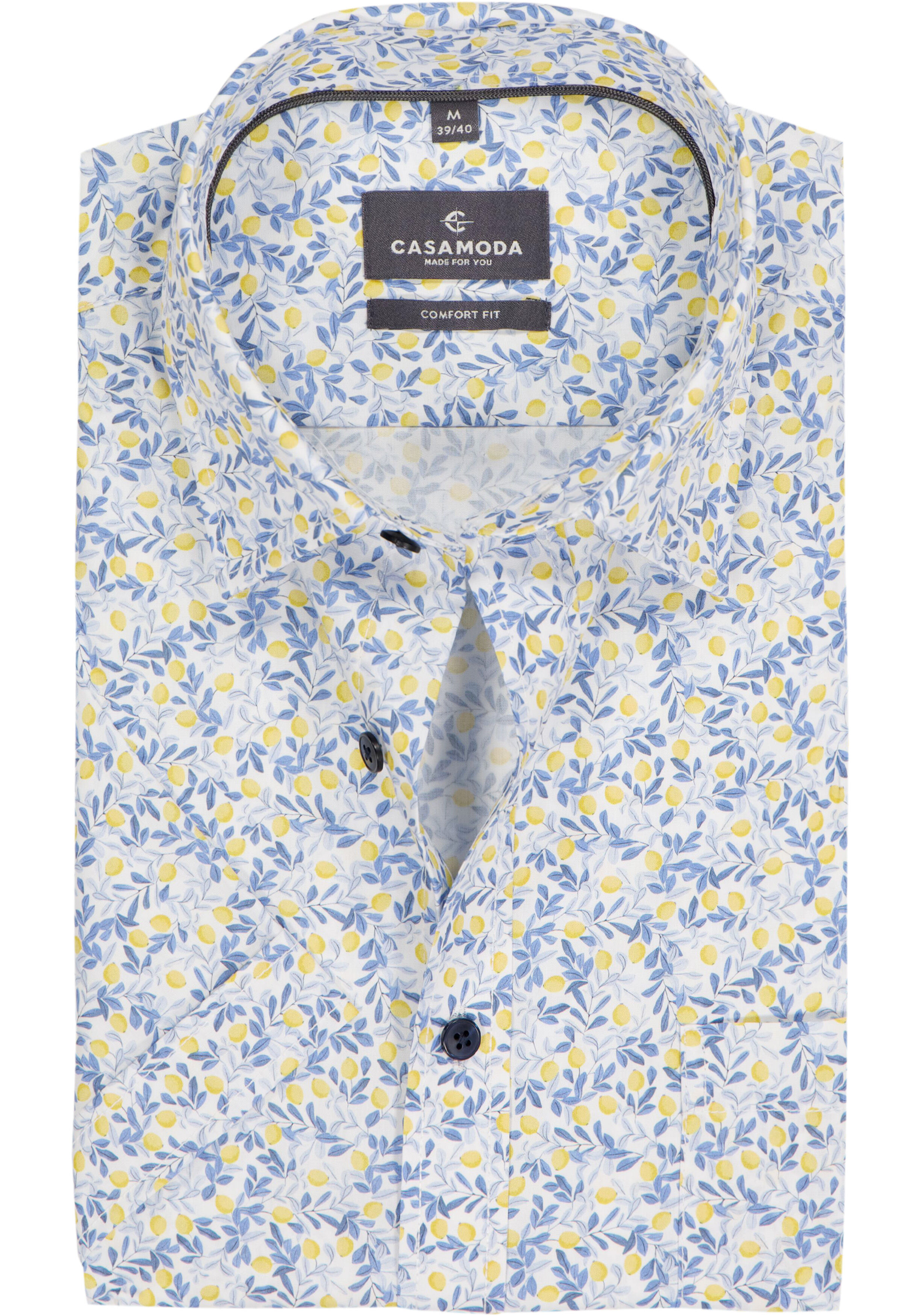 CASAMODA Sport comfort fit overhemd, korte mouw, popeline, wit met blauw en geel citroenen dessin