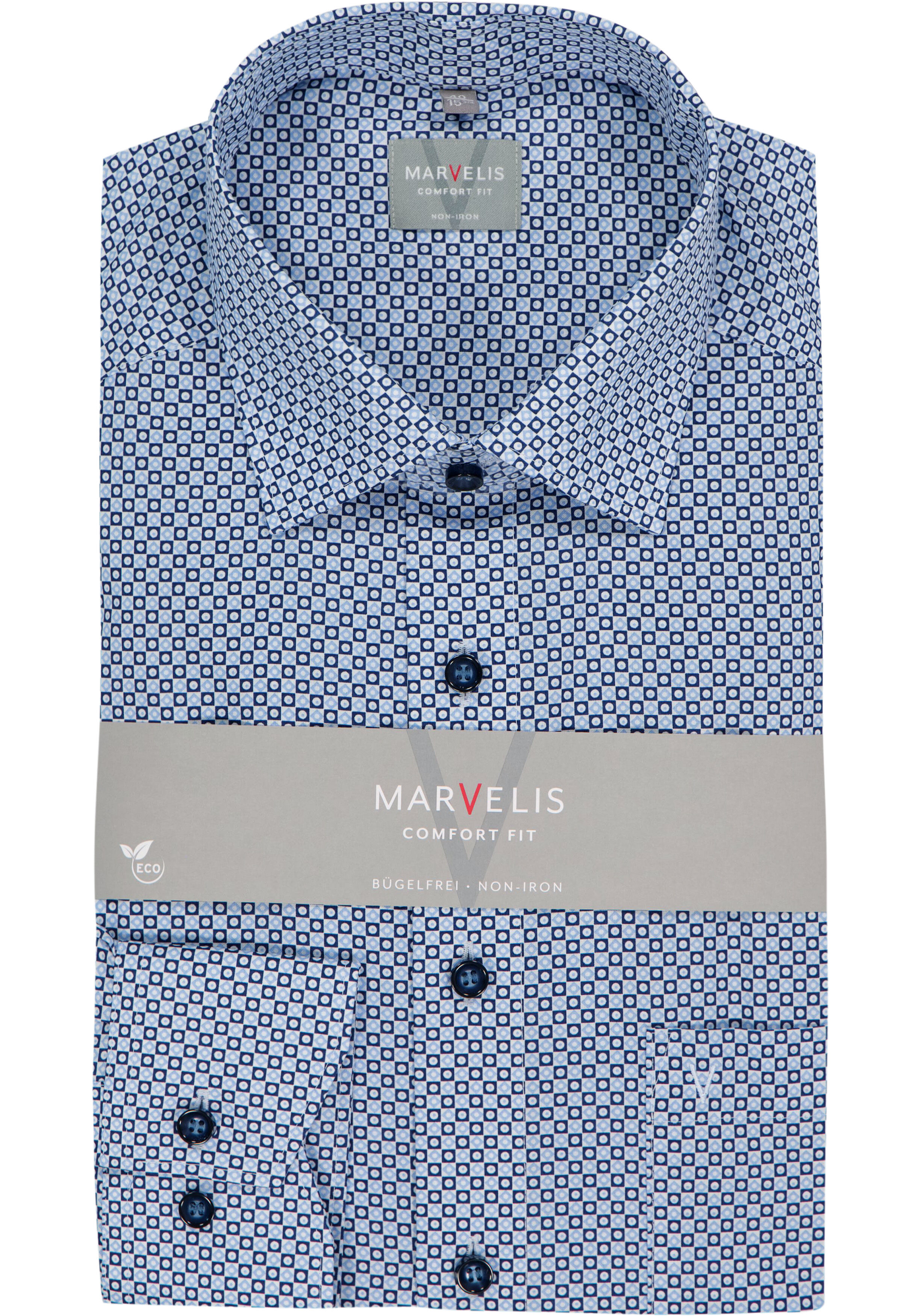 MARVELIS comfort fit overhemd, popeline, wit met licht- en donkerblaw dessin