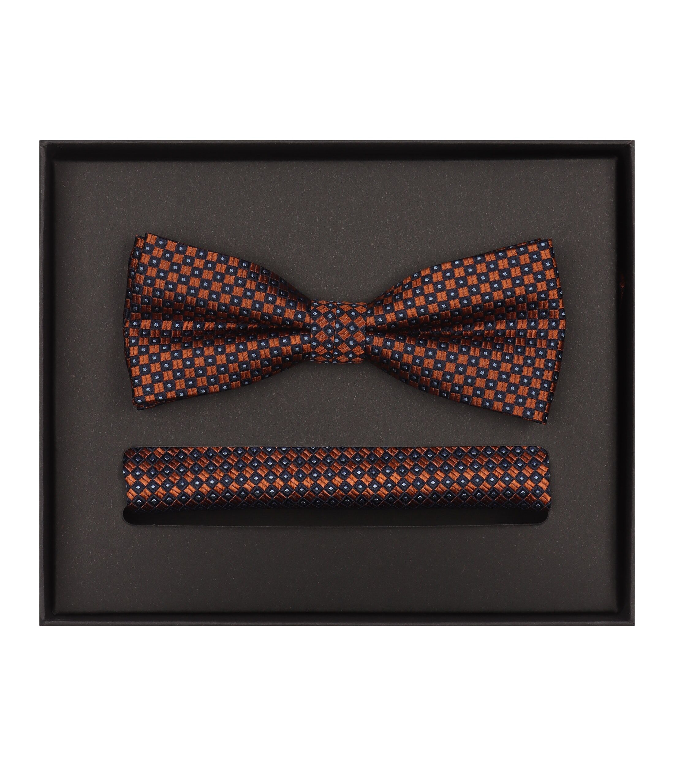 VENTI set met vlinderdas en pochet, oranje met blauw en wit dessin