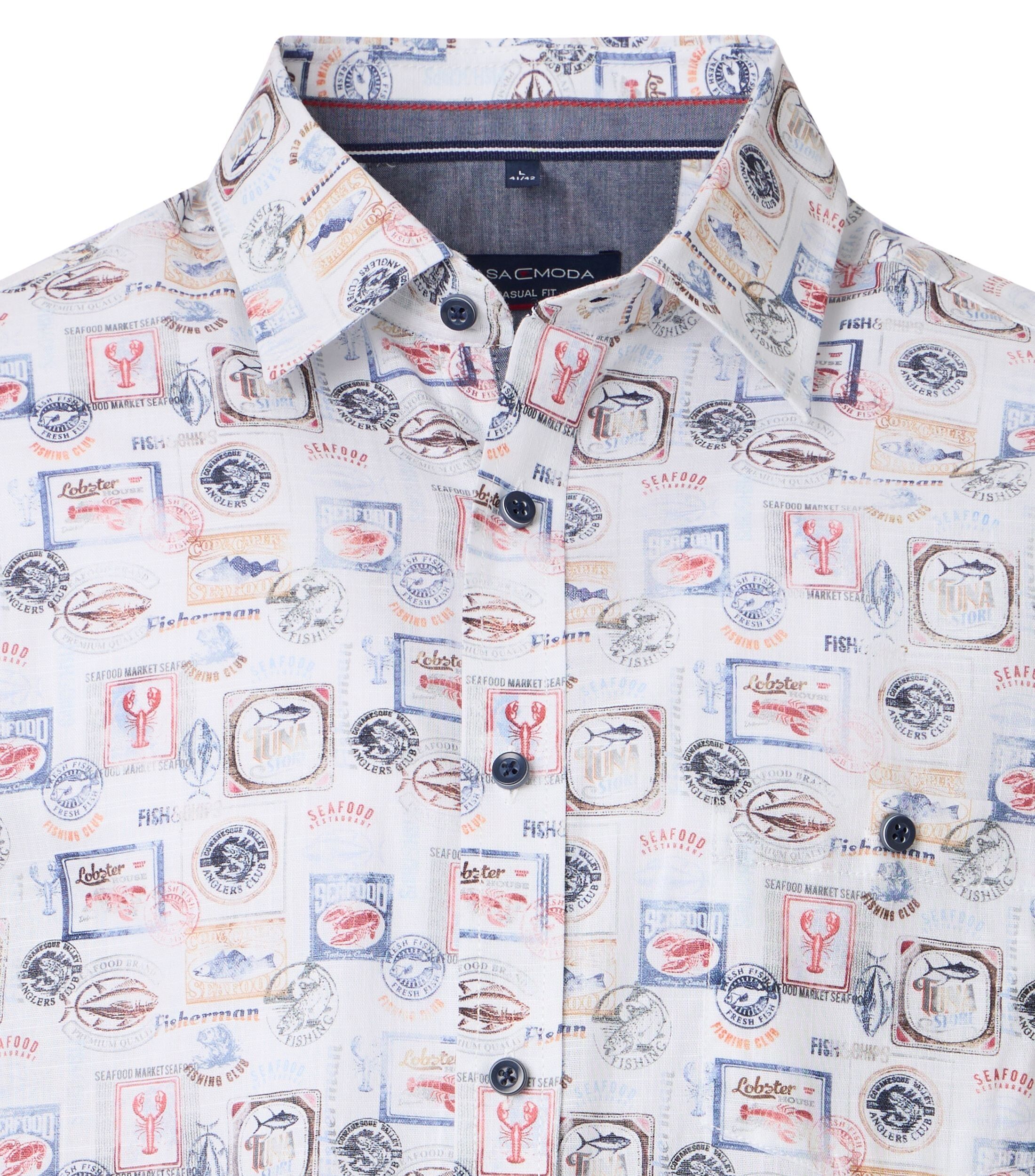 CASA MODA Sport casual fit overhemd, korte mouw, chambray, blauw, wit en beige dessin