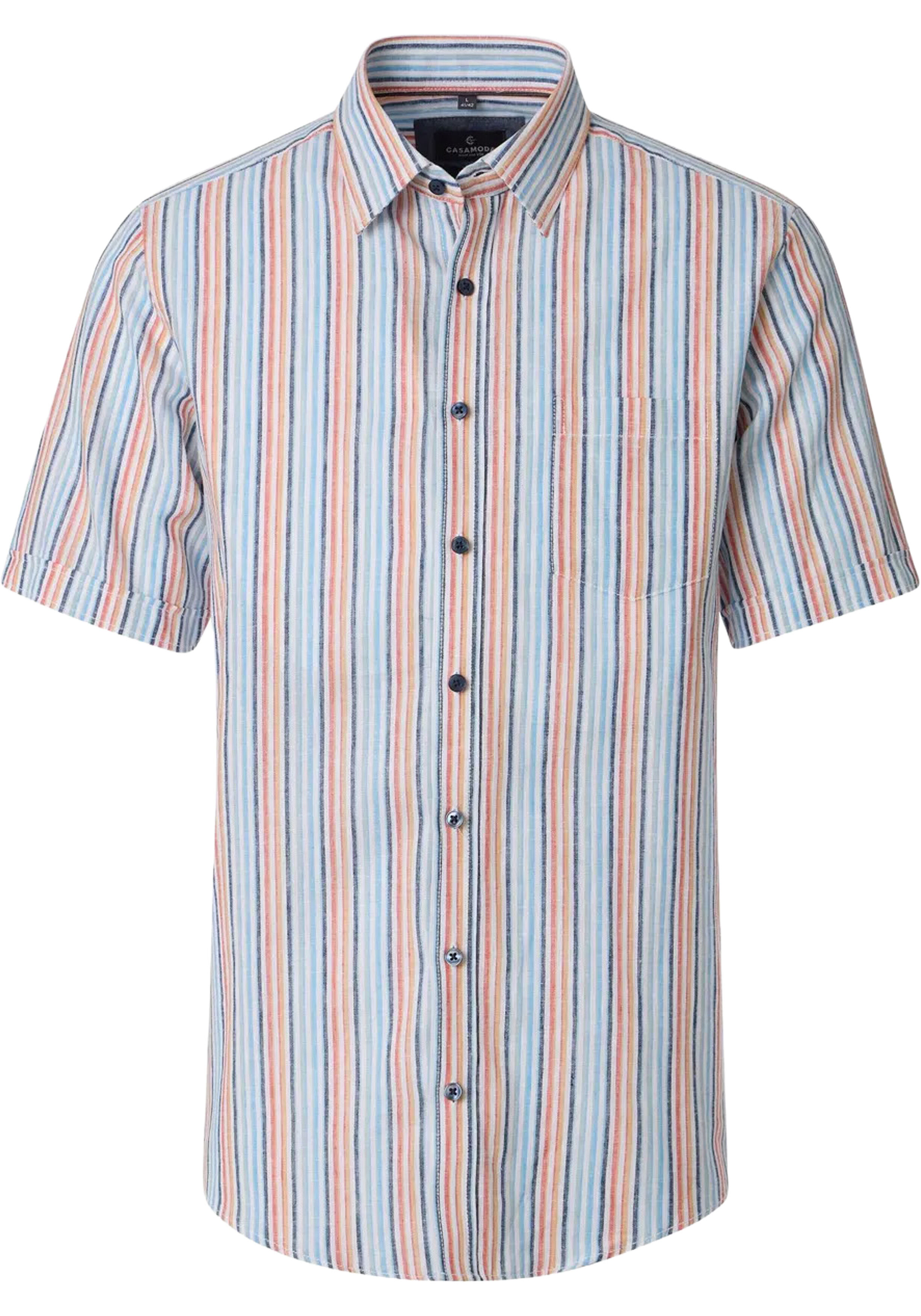 CASA MODA Sport casual fit overhemd, korte mouw, structuur, wit, lichtblauw, oranje, donkerblauw gestreept
