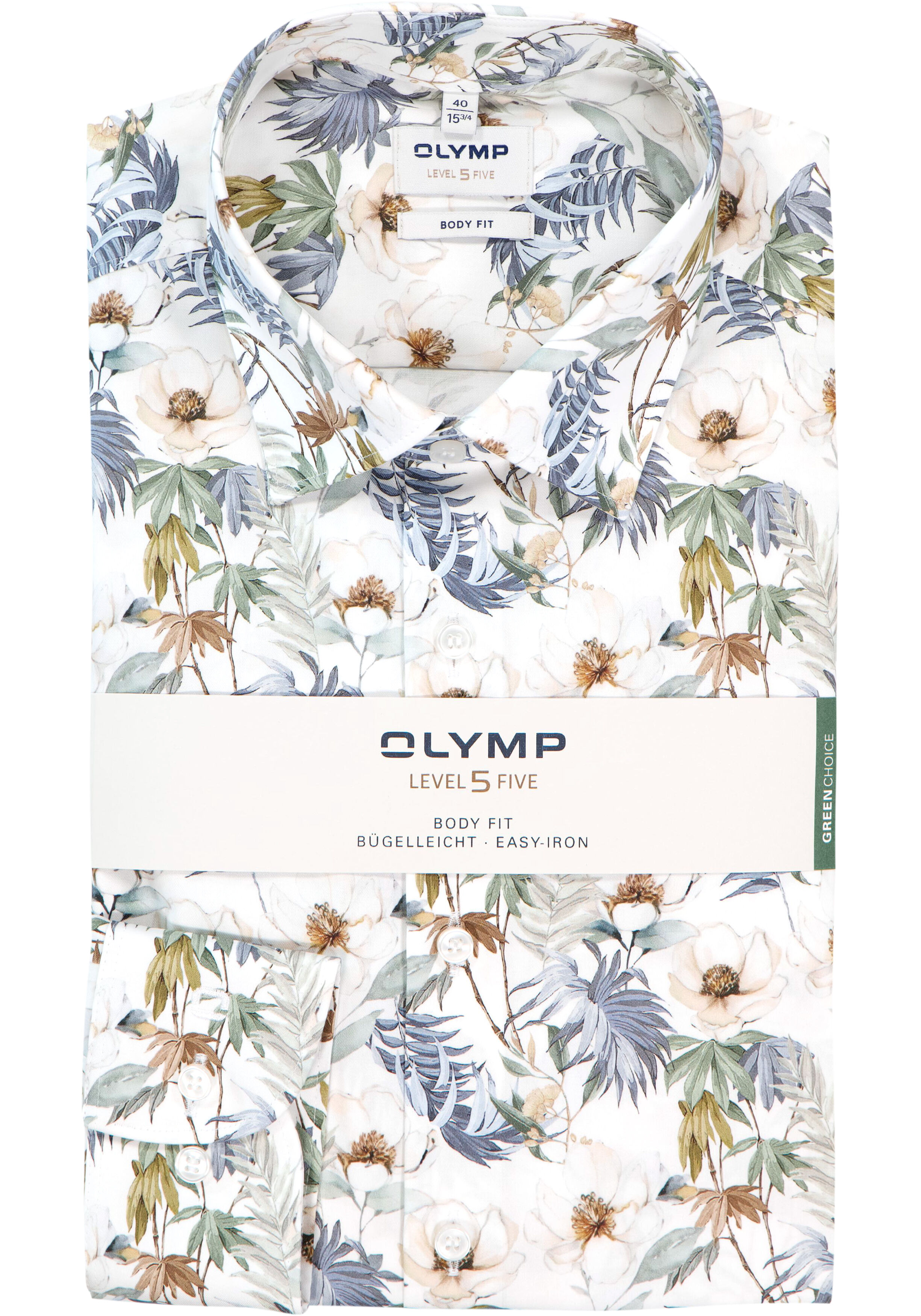 OLYMP Level 5 body fit overhemd, dobby, wit met blauw en bruin bloemen dessin