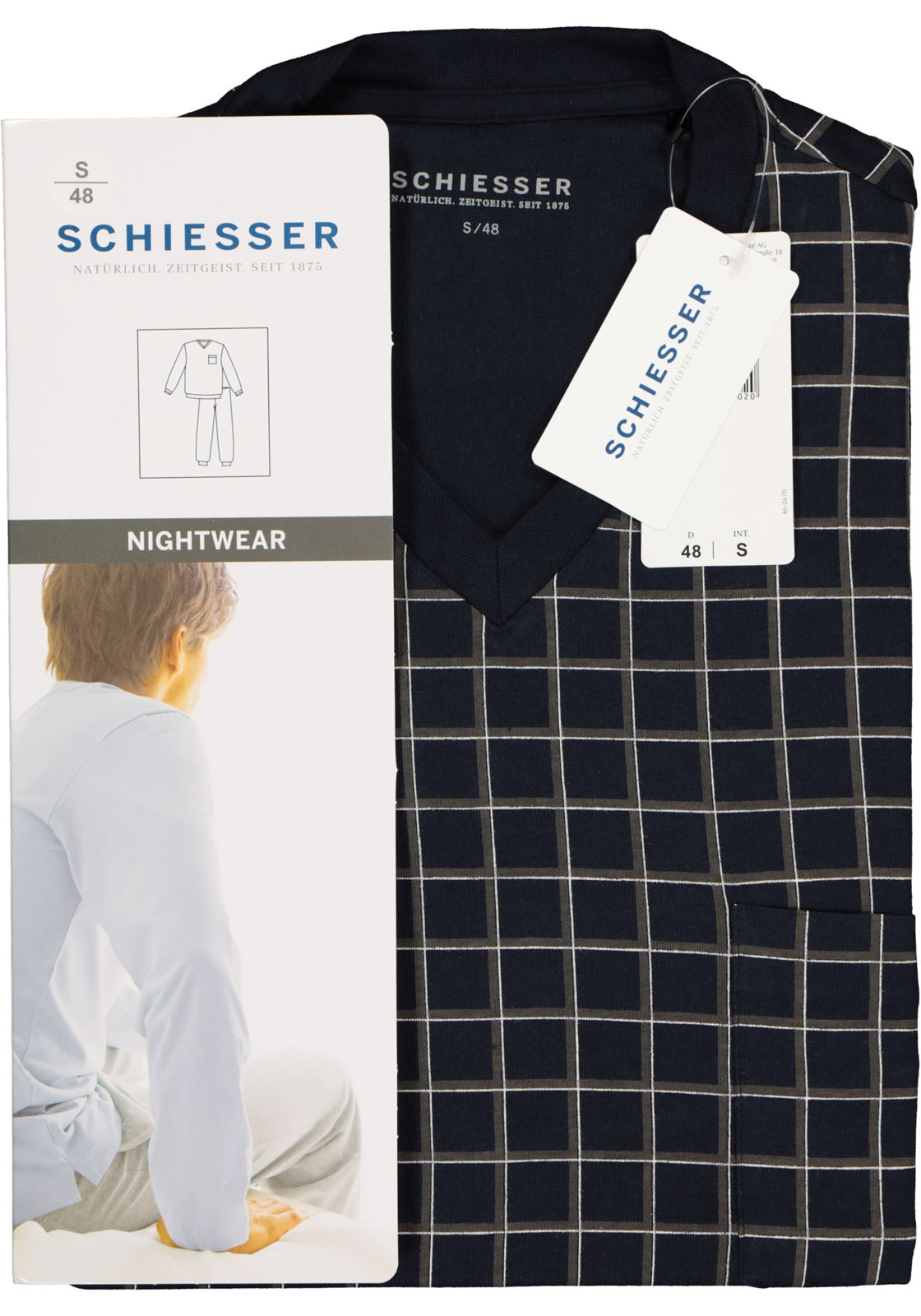 6-4007064786020_schiesser-pyjama_HR SCHIESSER heren pyjama, V-hals, blauw met wit geruit