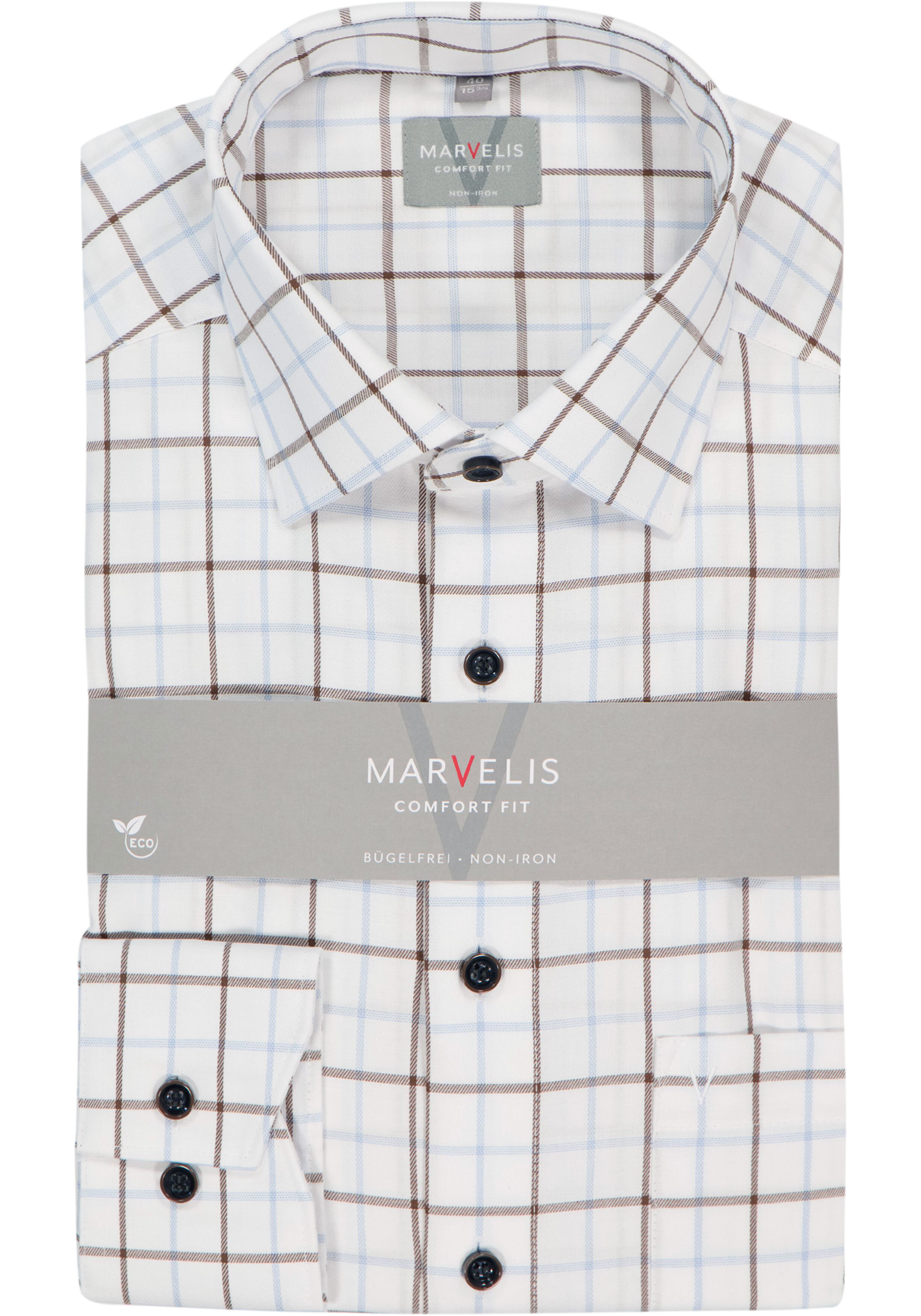 MARVELIS comfort fit overhemd, popeline, wit met lichtbruin en lichtblauw geruit