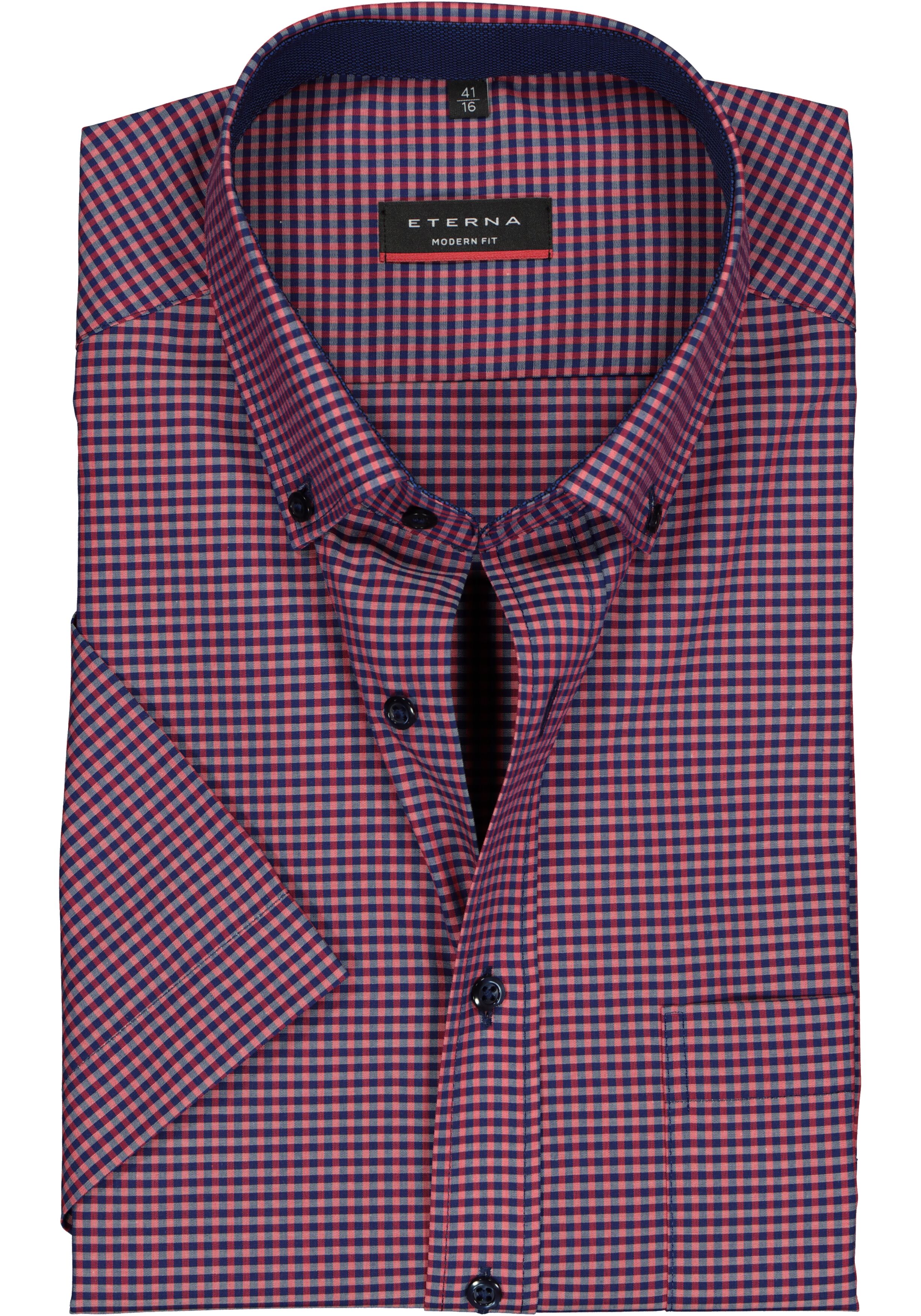 ETERNA modern fit overhemd, poplin met korte mouw, blauw met rood geruit (contrast)