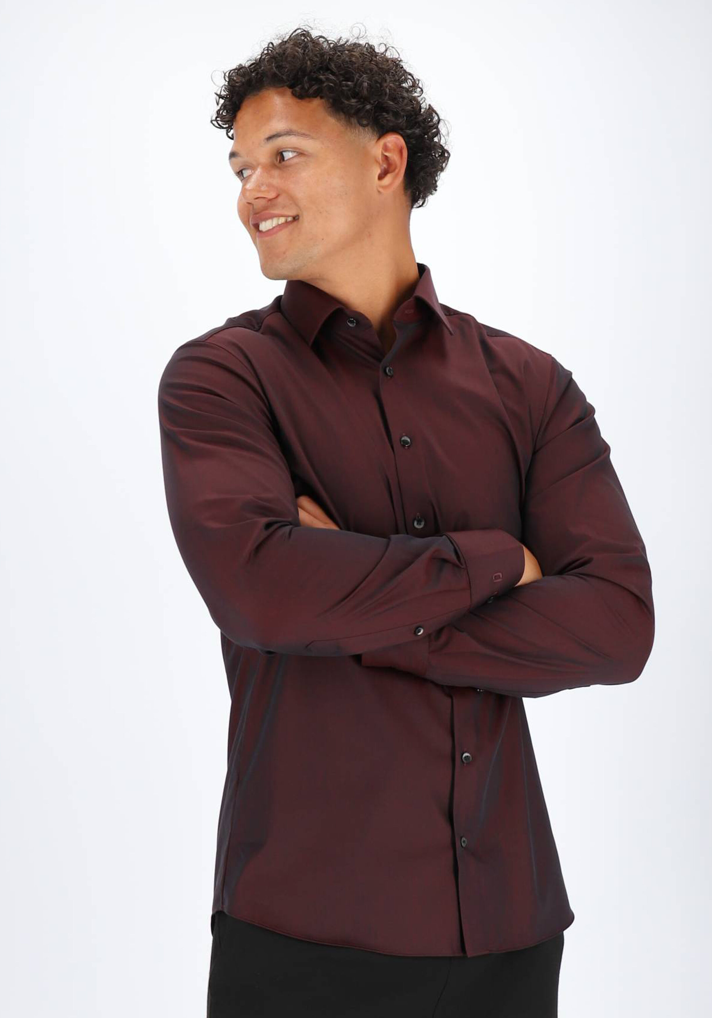 OLYMP Level 5 body fit overhemd, satijnbinding, bordeaux rood