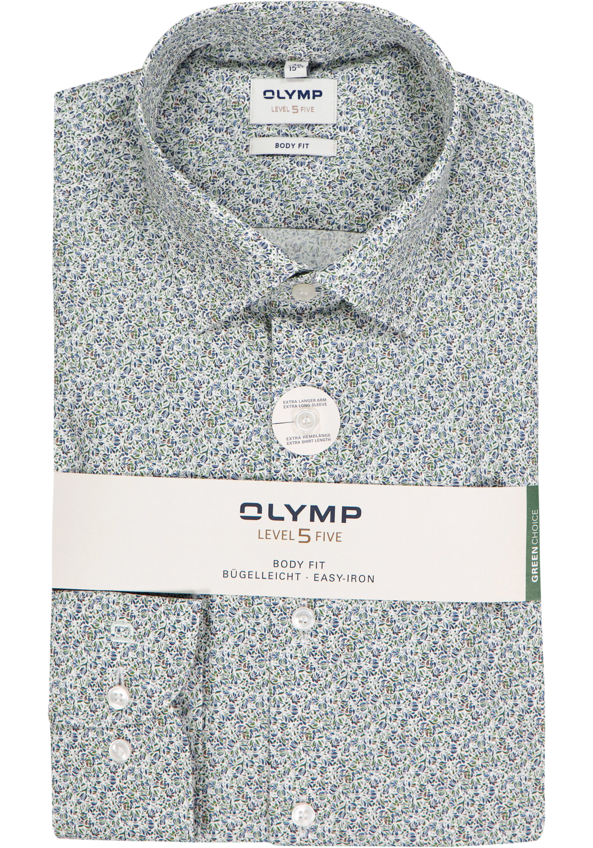 OLYMP Level 5 body fit overhemd, mouwlengte 7, popeline, lichtgroen dessin