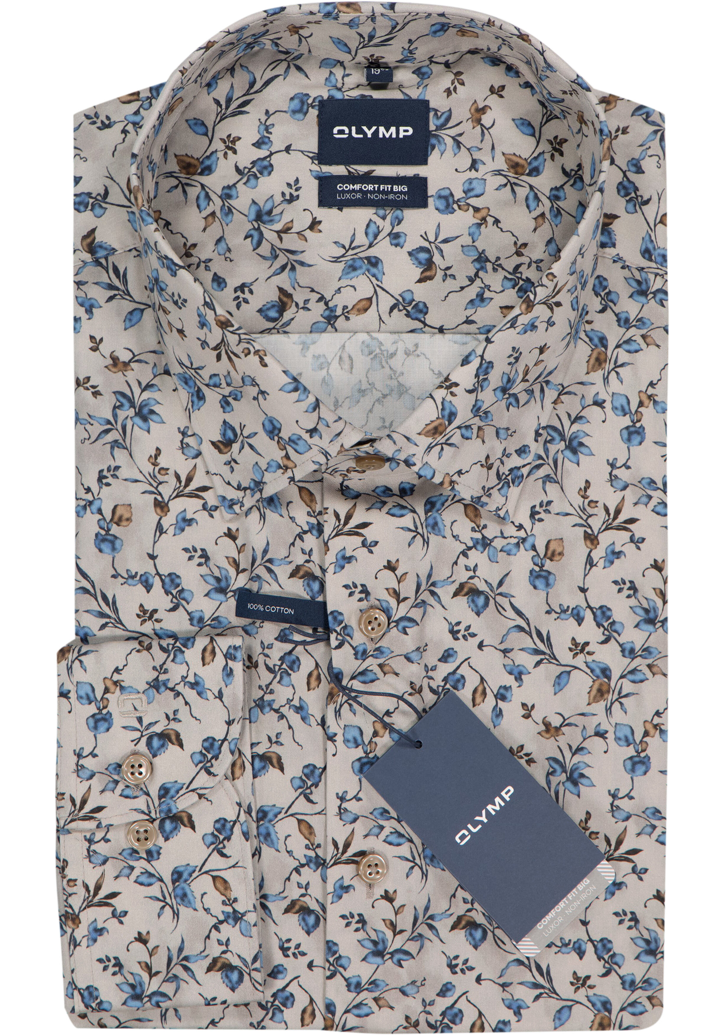 OLYMP Luxor comfort fit Big overhemd, dobby, beige met blauw en groen dessin