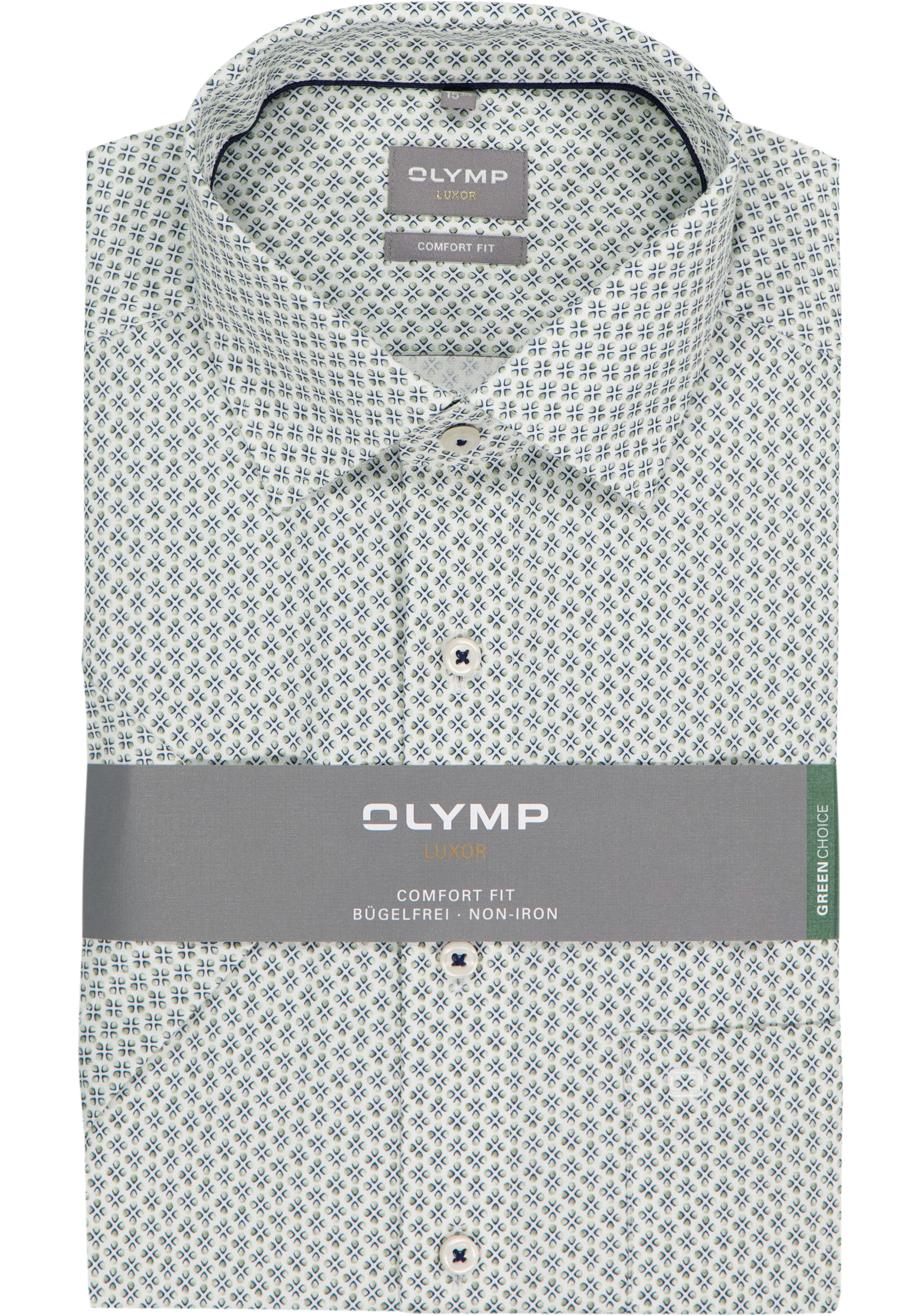 OLYMP Luxor comfort fit overhemd, korte mouw, dobby, wit met groen en blauw dessin