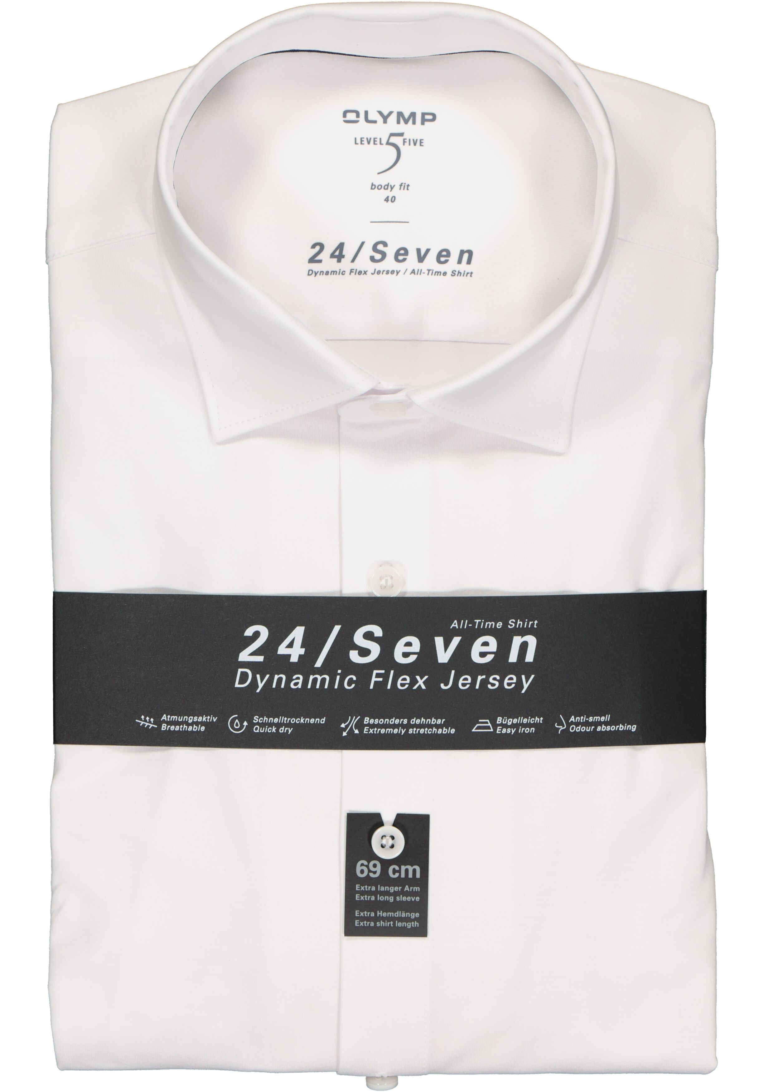 OLYMP Level 5 24/Seven body fit overhemd, mouwlengte 7, wit tricot
