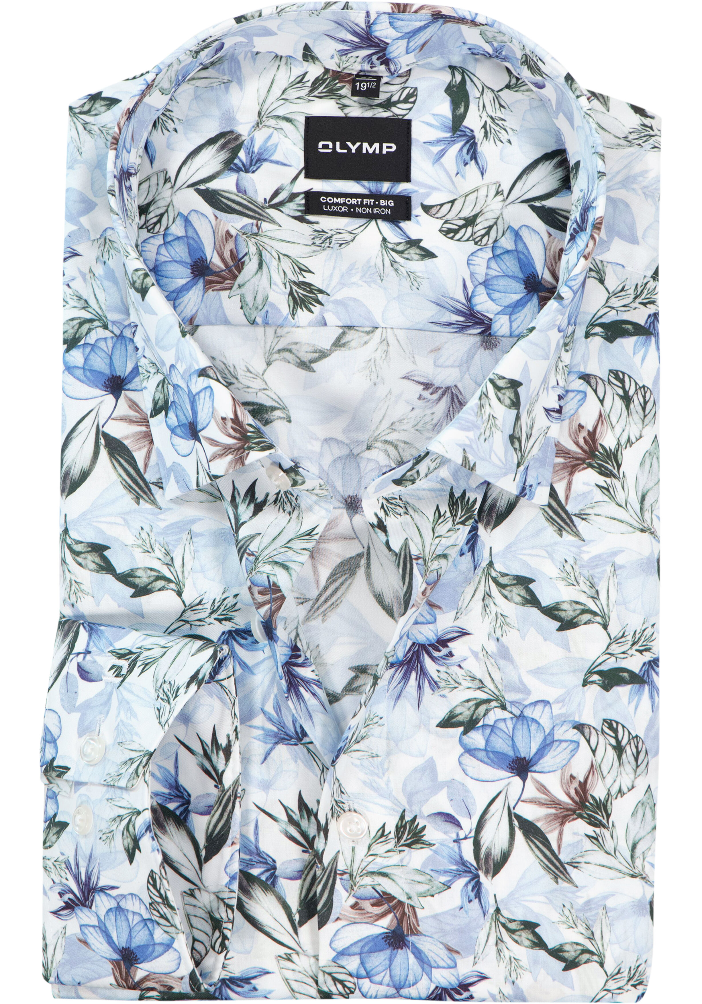 OLYMP Luxor comfort fit Big overhemd, dobby, wit met blauw en groen bloemen dessin