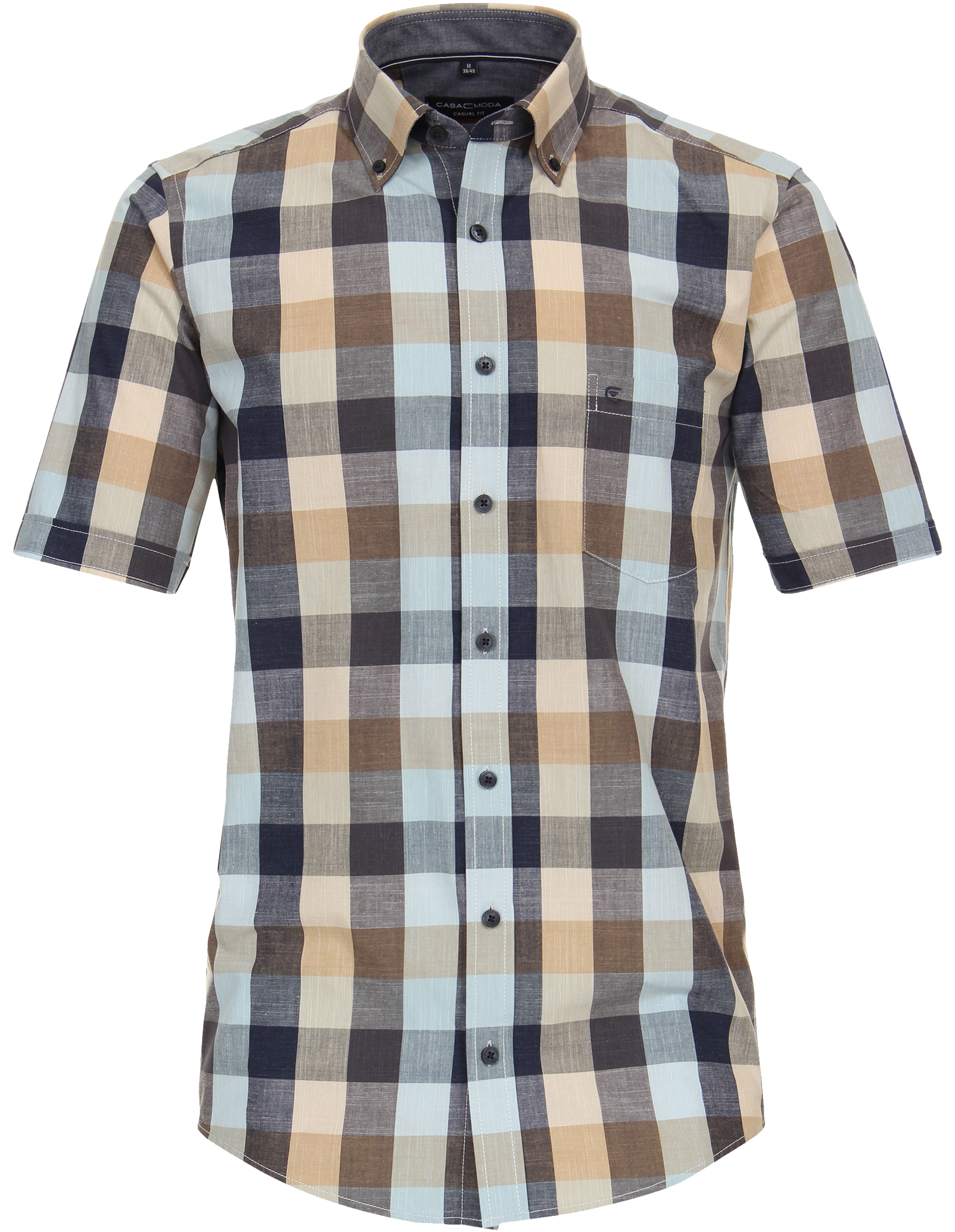 CASA MODA Sport casual fit overhemd, korte mouw, chambray, blauw met beige geruit