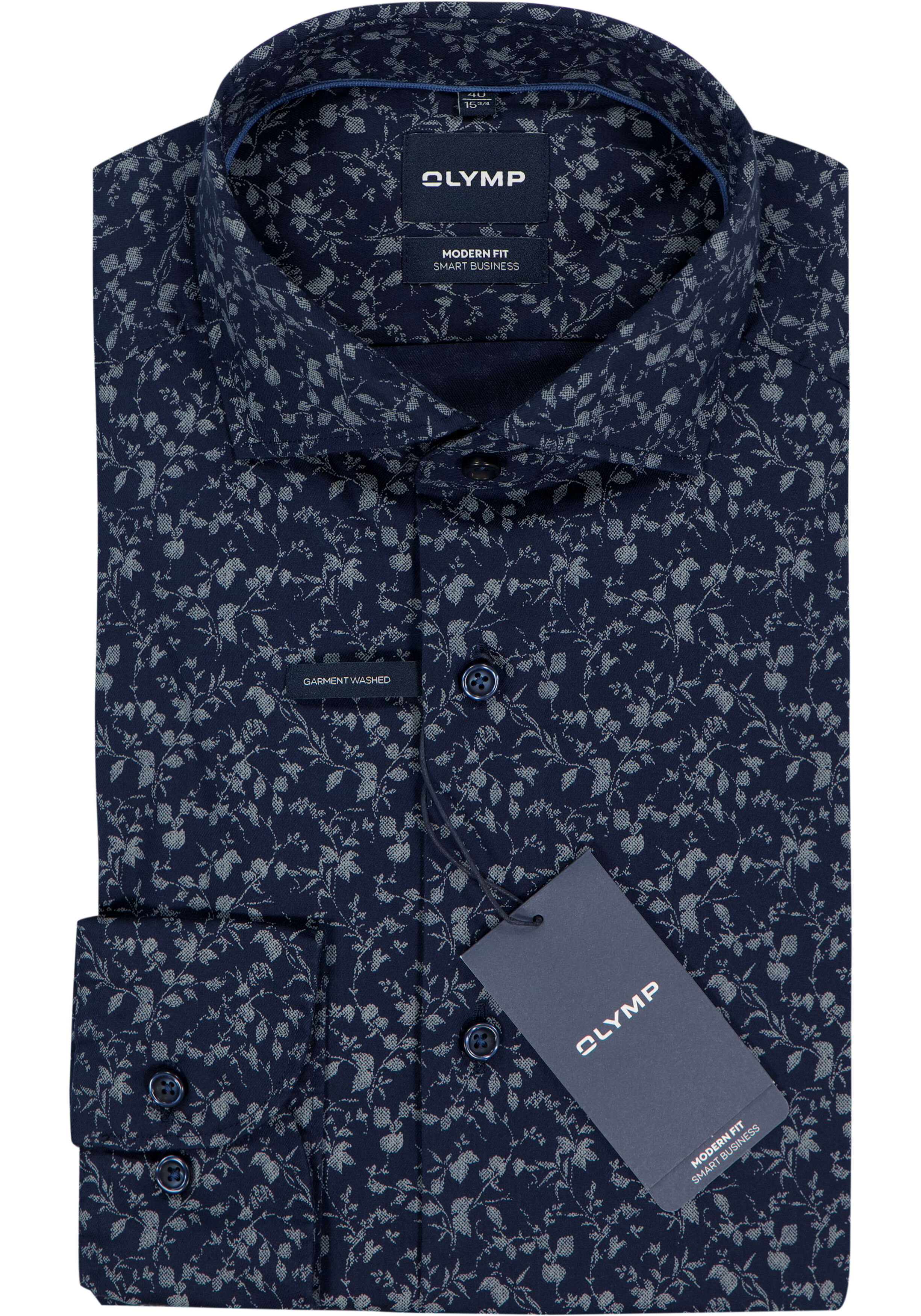 OLYMP Smart Business modern fit overhemd, popeline, marine blauw dessin