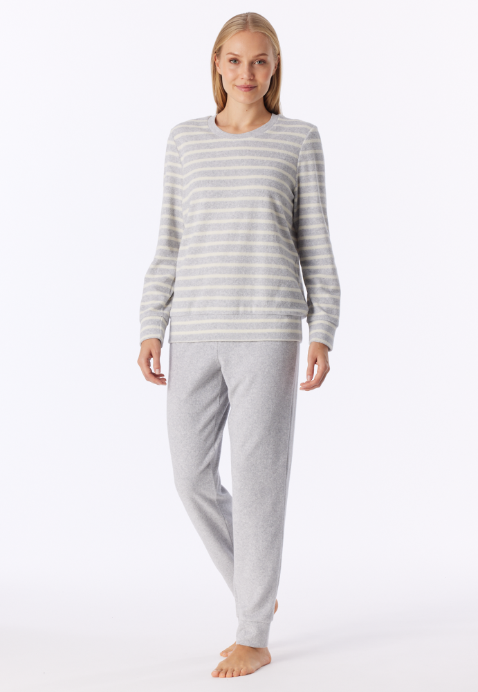 SCHIESSER dames Cotton Essentials Pyjama lang, dames pyjama set, zilvergrijs melange gestreept