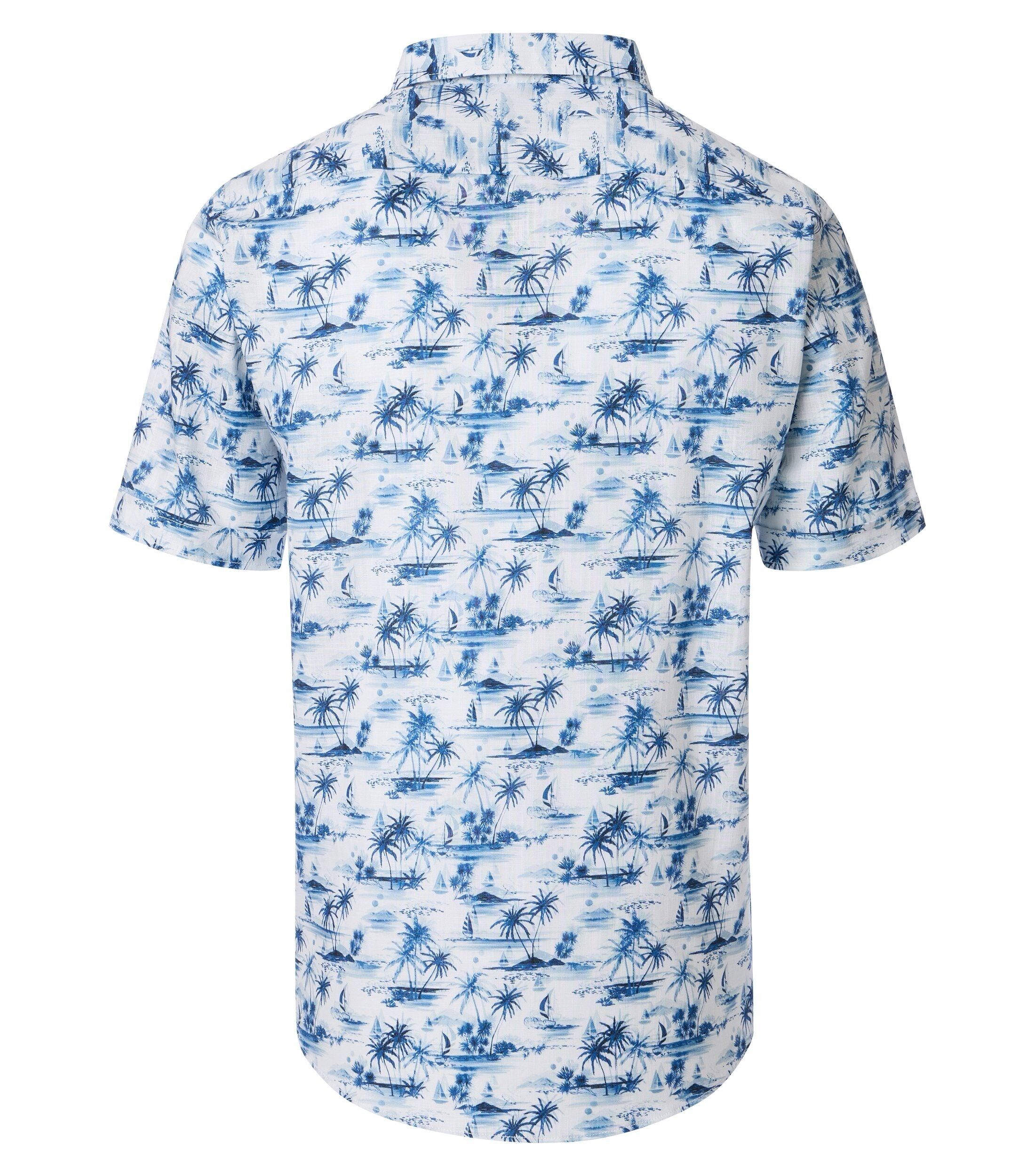 CASA MODA Sport casual fit overhemd, korte mouw, chambray, wit met licht- en donkerblauw palmbomen dessin