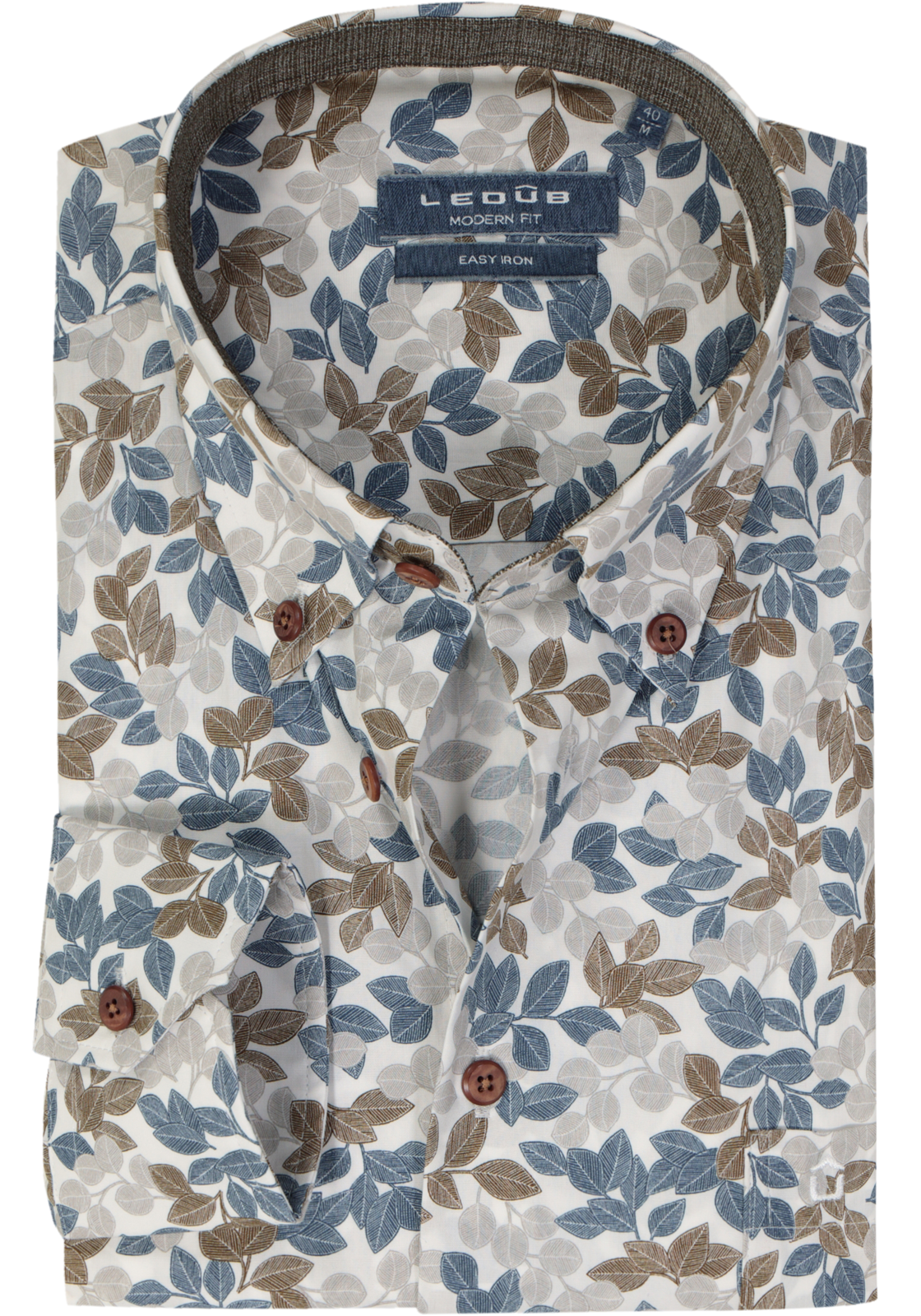 Ledub modern fit overhemd, wit met blauw en bruin dessin Ledub modern fit overhemd, wit met blauw en bruin dessin