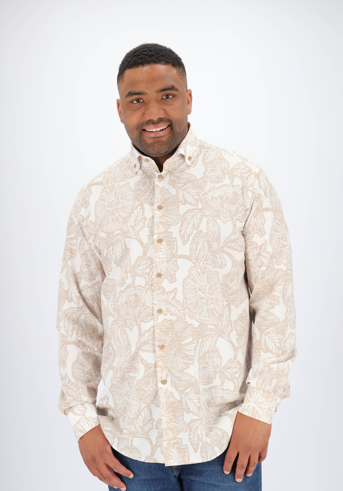 Ledub modern fit overhemd, popeline, lichtbruin met wit dessin Ledub modern fit overhemd, popeline, lichtbruin met wit dessin