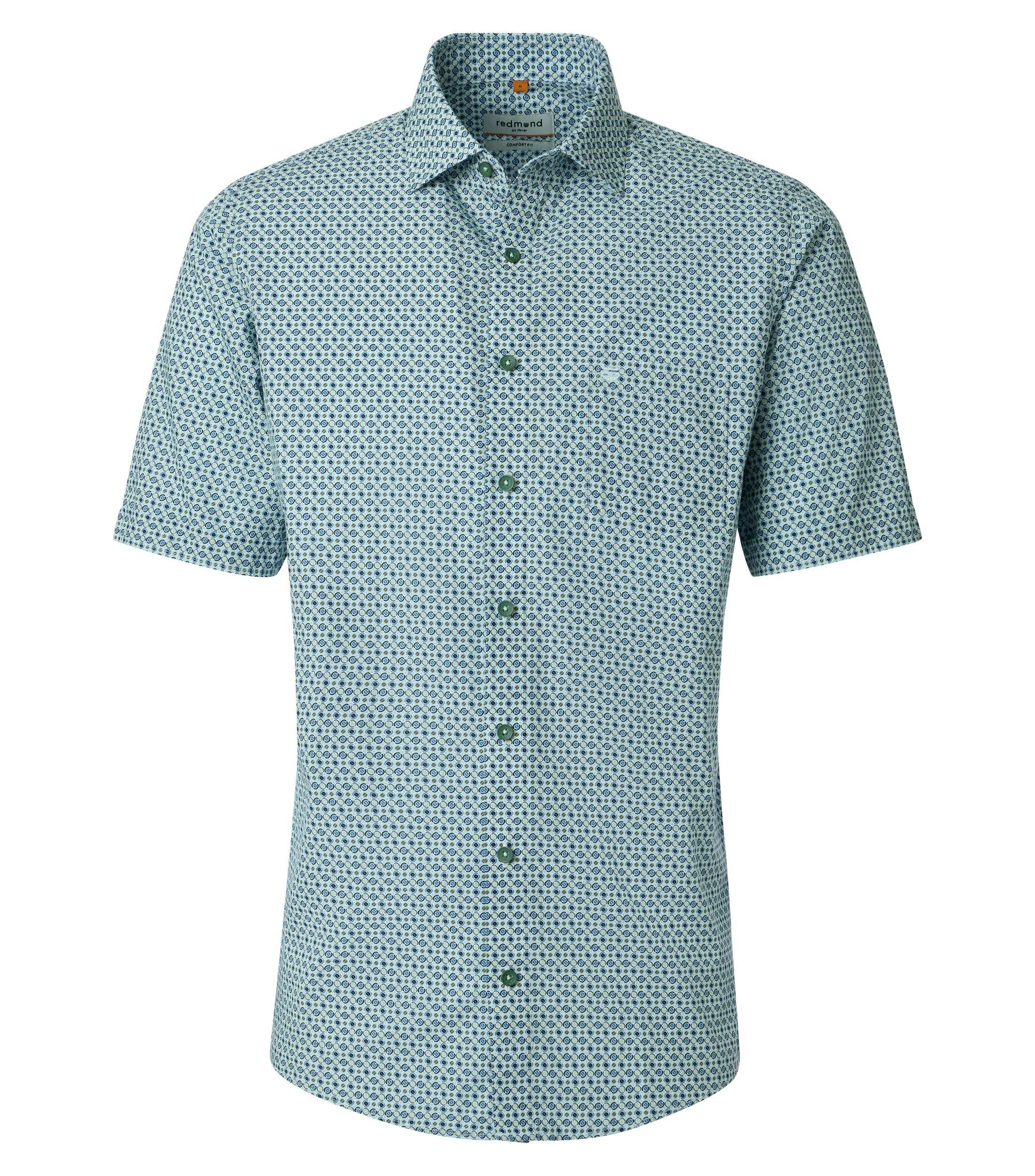 Redmond comfort fit overhemd, korte mouw, popeline, wit met licht- en donkerblauw met groen dessin
