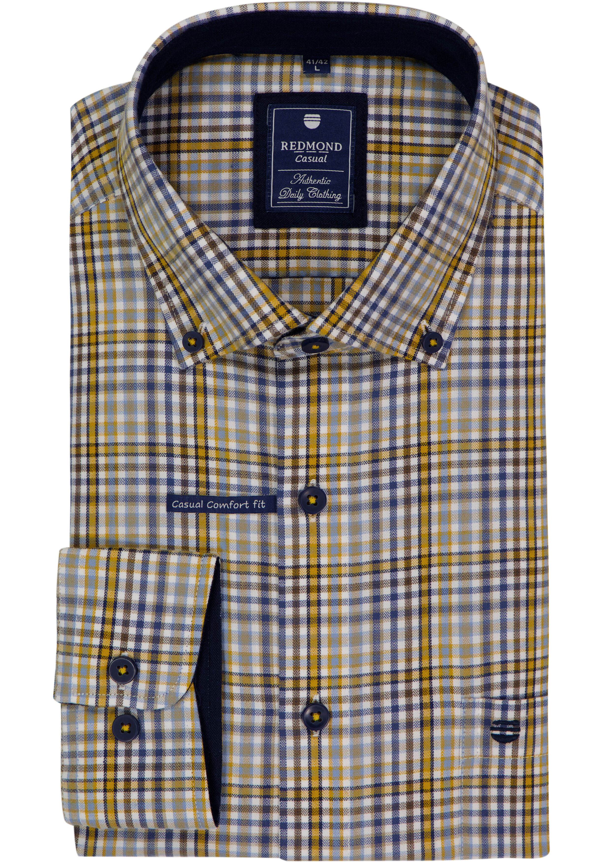 Redmond comfort fit overhemd, twill, blauw, grijs, geel en wit geruit