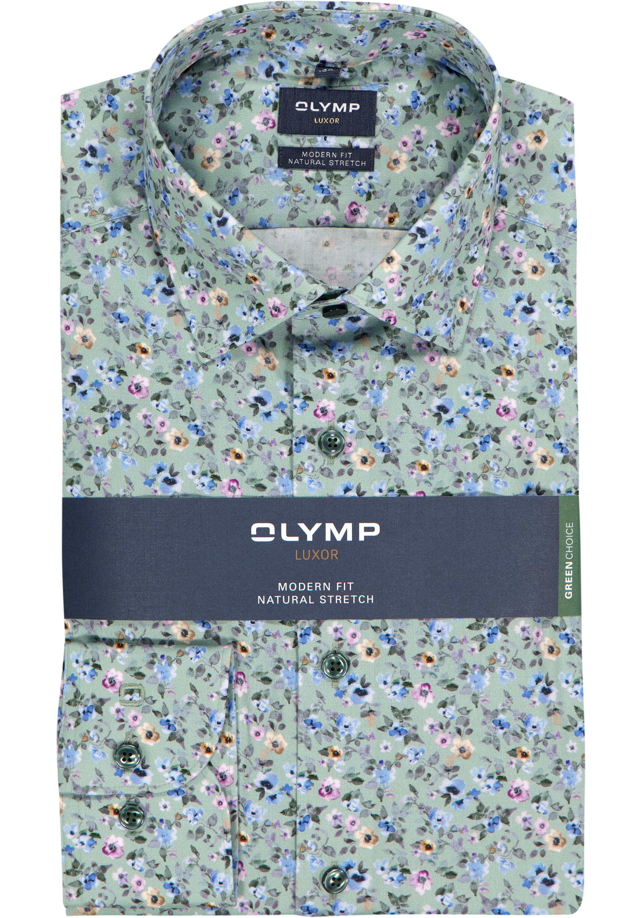 OLYMP Luxor modern fit overhemd, dobby, groen met blauw en roze bloemetjes dessin