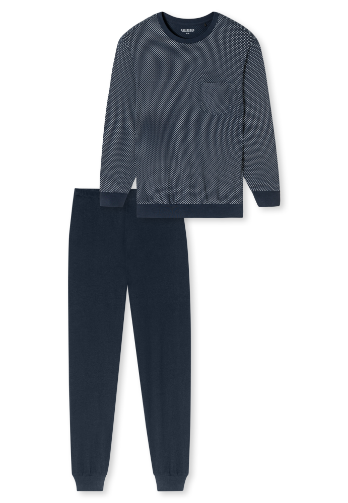 SCHIESSER Cotton Essentials Pyjama lang, heren pyjama set, nachtblauw gestreept