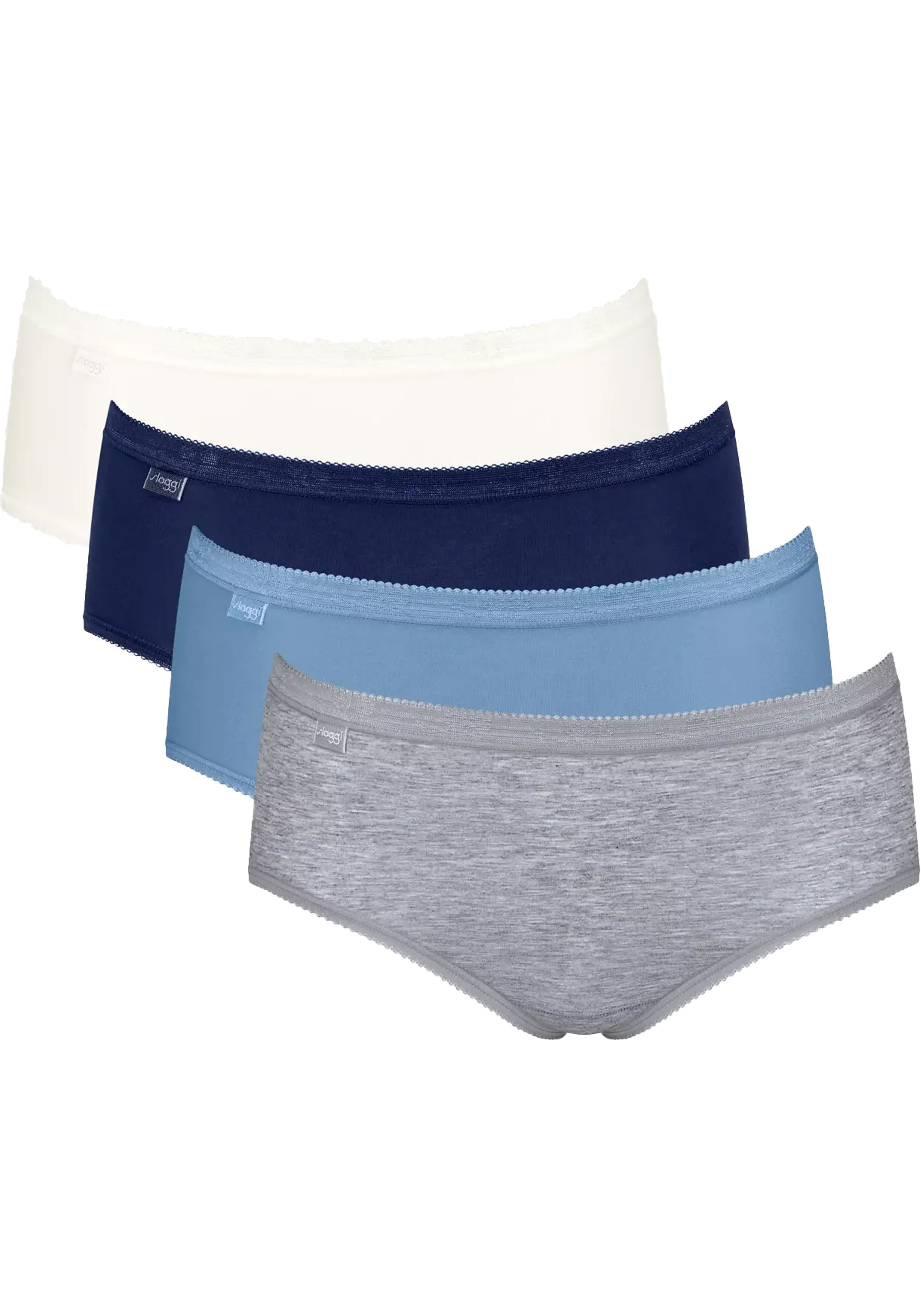 Sloggi Women Basic+ Midi (4-pack), dames slip, wit, lichtblauw, donkerblauw, grijs