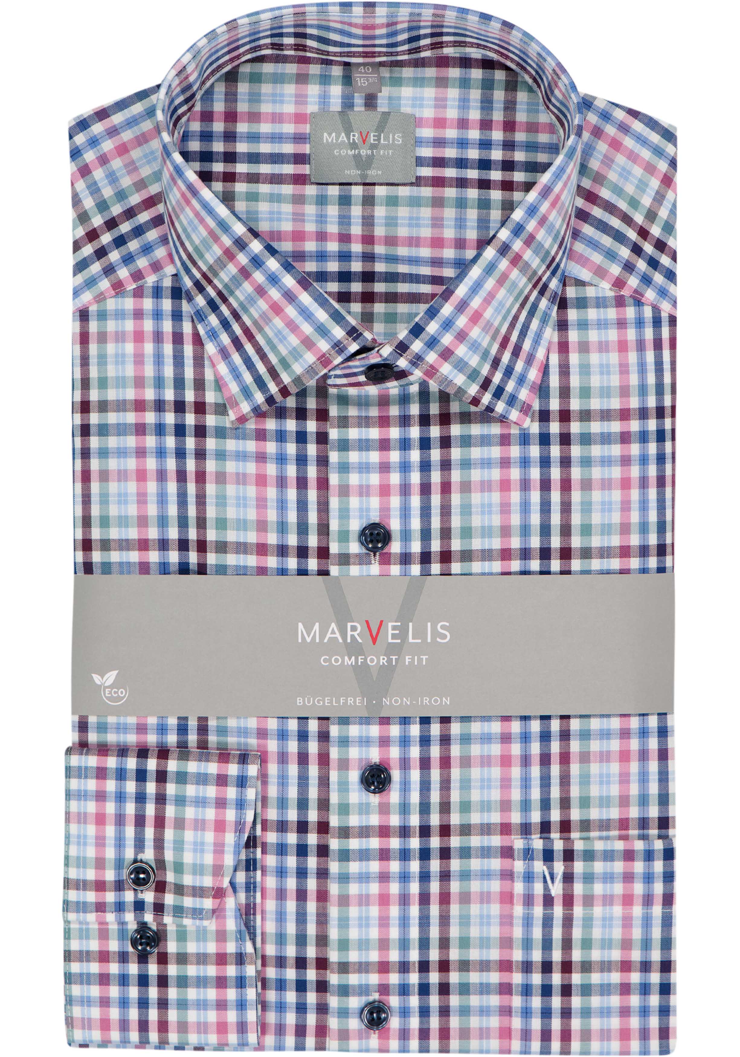 MARVELIS comfort fit overhemd, popeline, wit, rood, blauw en groen geruit