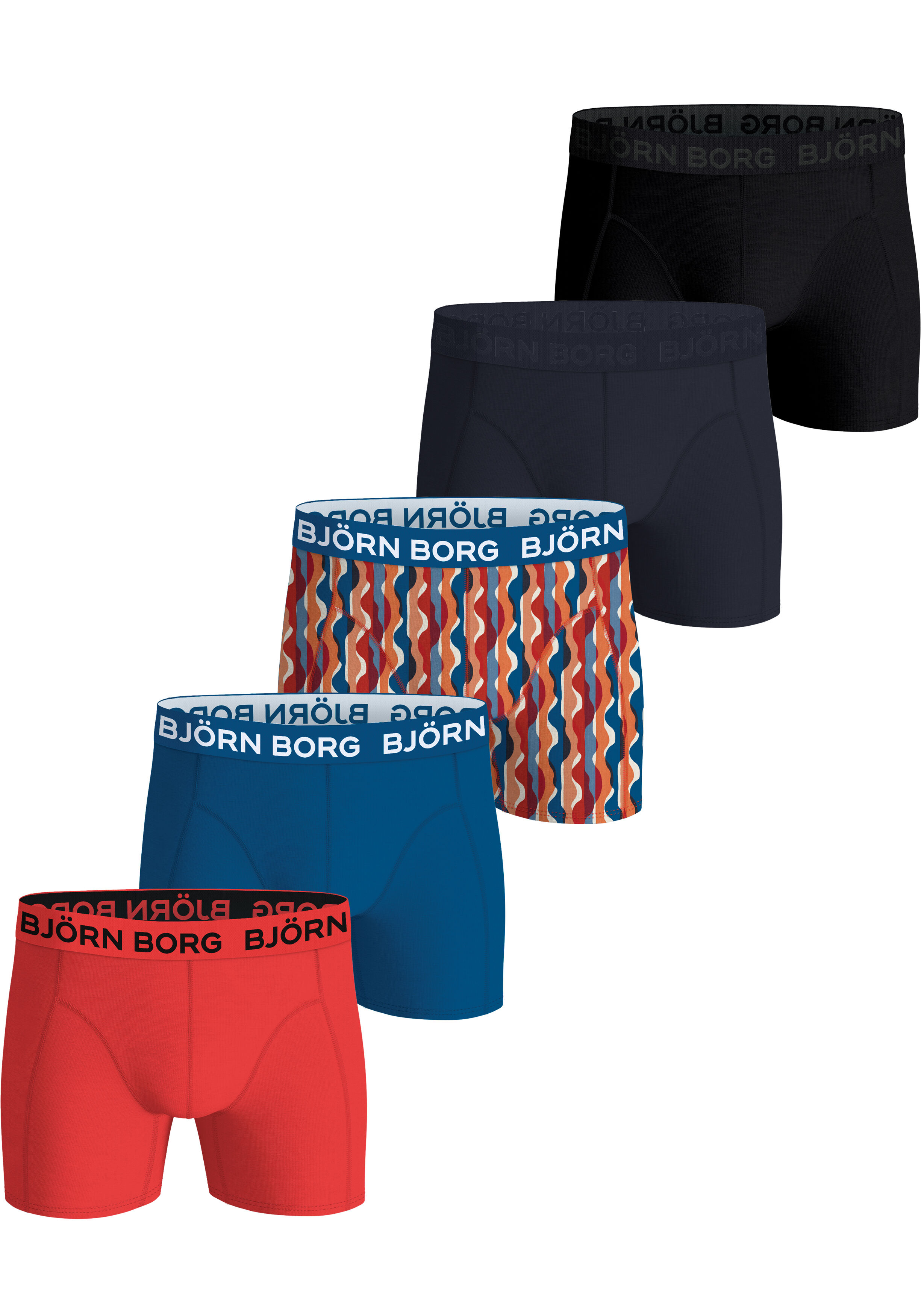 Bjorn Borg Cotton Stretch boxers, heren boxers normale lengte (5-pack), zwart, donkerblauw, kobalt, kobalt met wit, rood en oranje dessin en rood