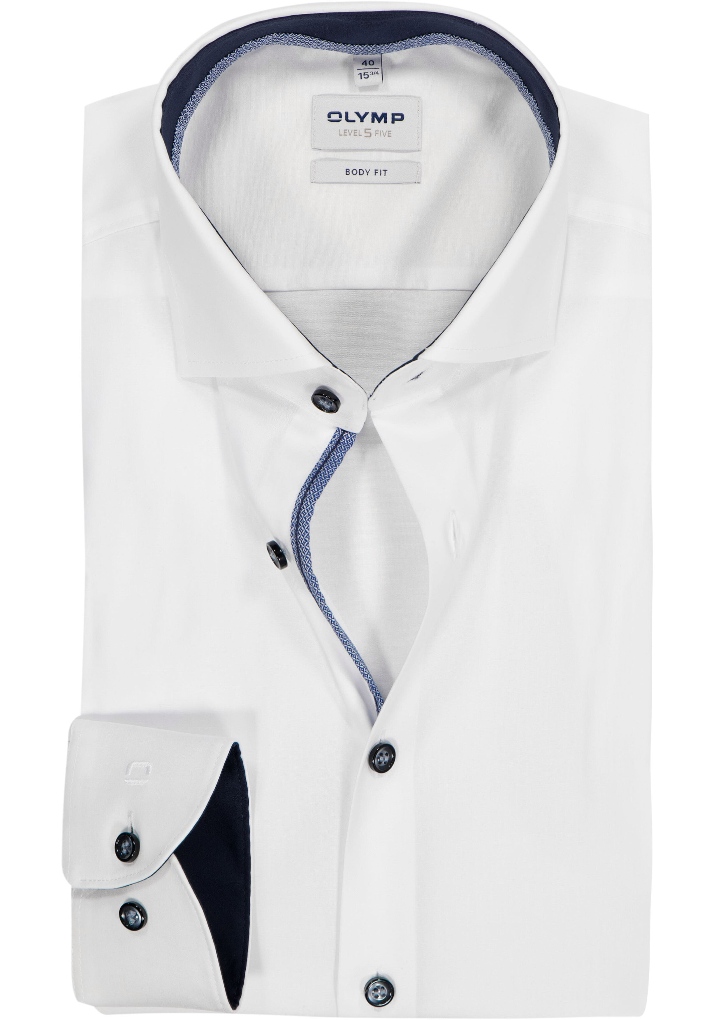 OLYMP Level 5 body fit overhemd, mouwlengte 7, wit  (blauw contrast)