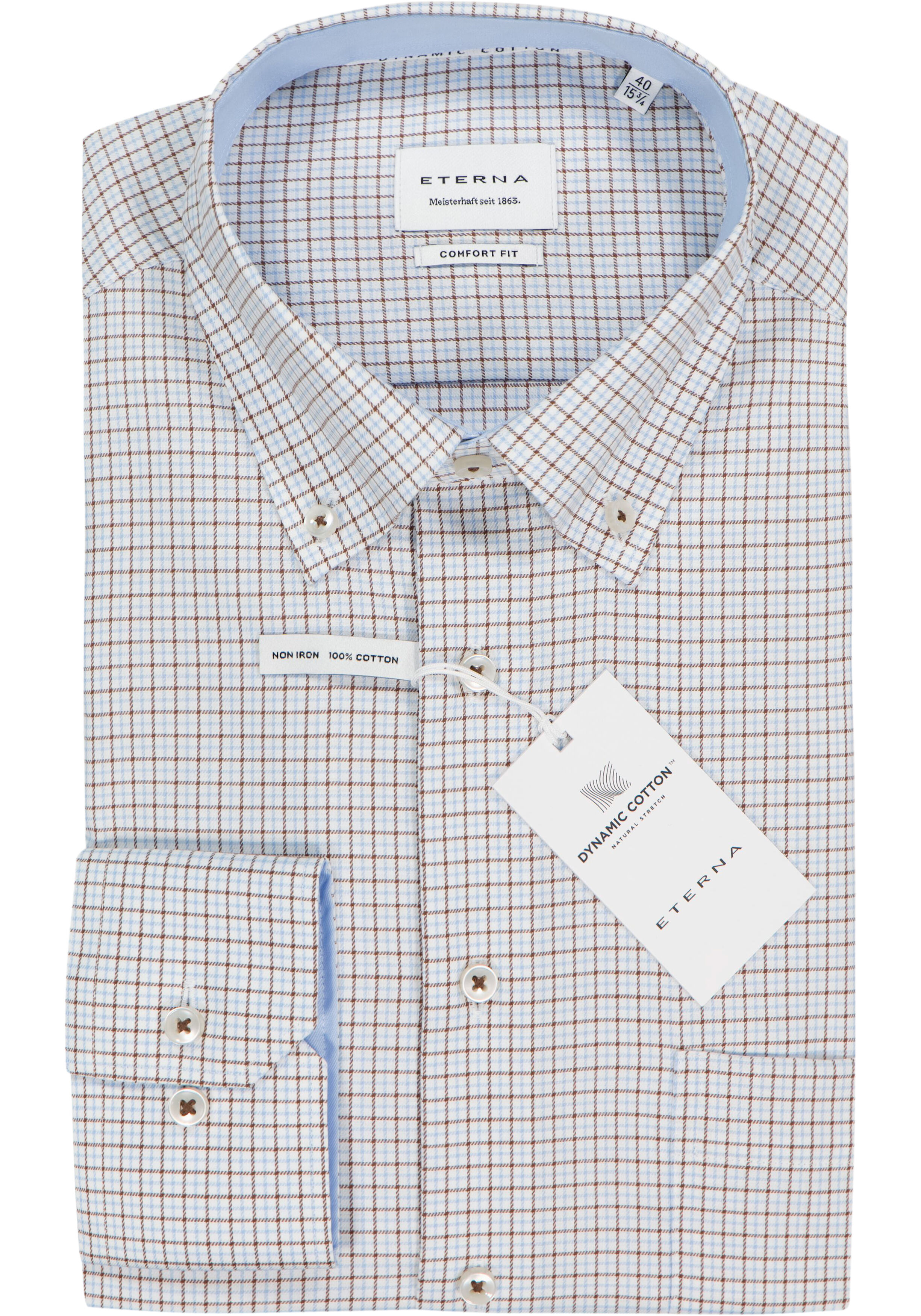 ETERNA comfort fit overhemd, twill, wit met lichtblauw en bruin geruit